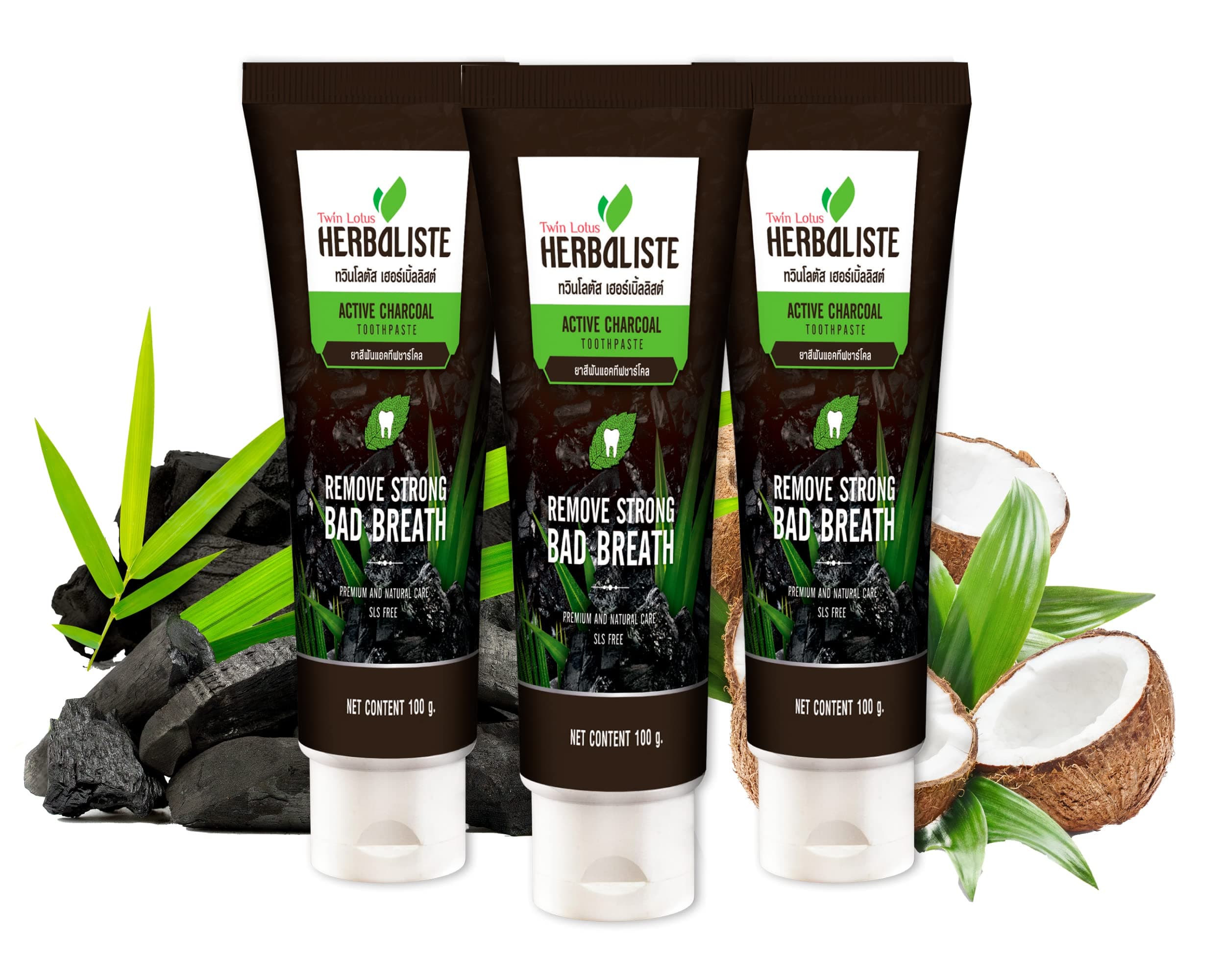 TWIN LOTUS Activated Charcoal Teeth Whitening Toothpaste - Charcoal Toothpaste - Vegan No Fluoride Free SLS | Eliminates Stains & Bad Breath | Teeth Whitening Sensitive Whiter Smile | Pack of 3