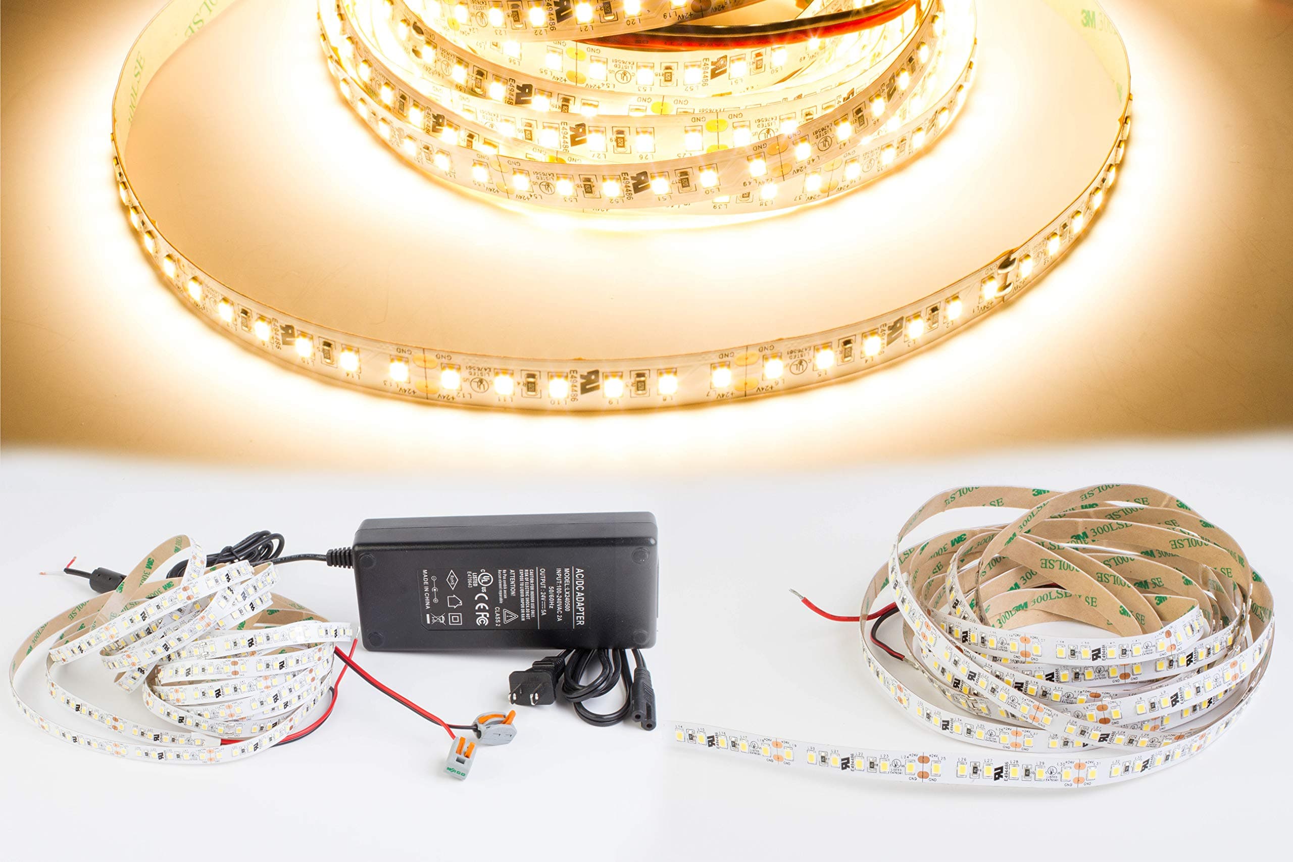 95 CRI LED STRIP Light 600 LED chip per roll Highest Brightness 2835 LED chip 6000K 4000K 3000K with 24v UL Listed Power Supply (3000K Warm White)