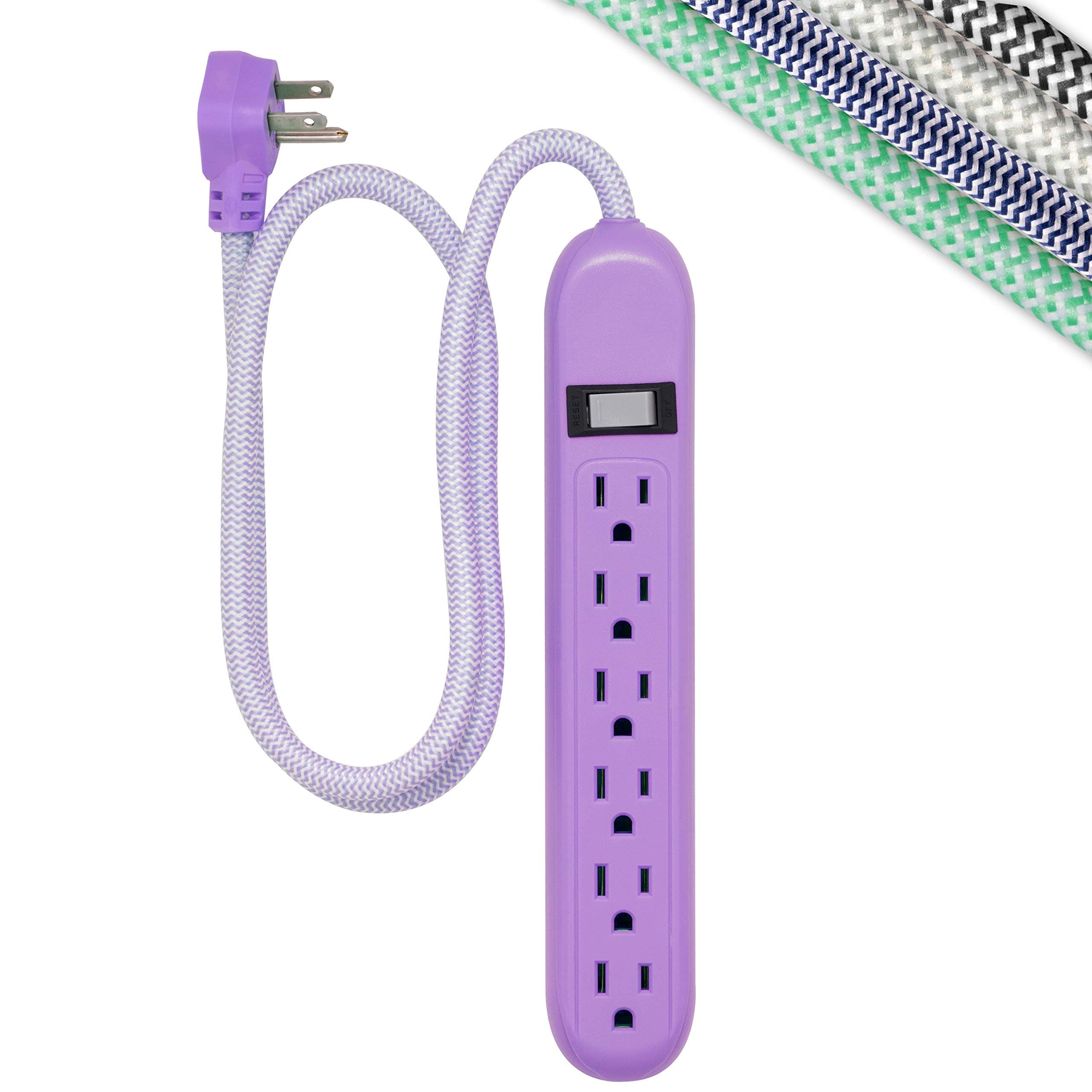 Cordinate 6-Outlet Surge Protector, Power Strip, Flat Plug, Braided Cord, Decorative, 3 ft Power Cord, Wall Mount, Tangle-Free, Warranty, Lavender, 41639