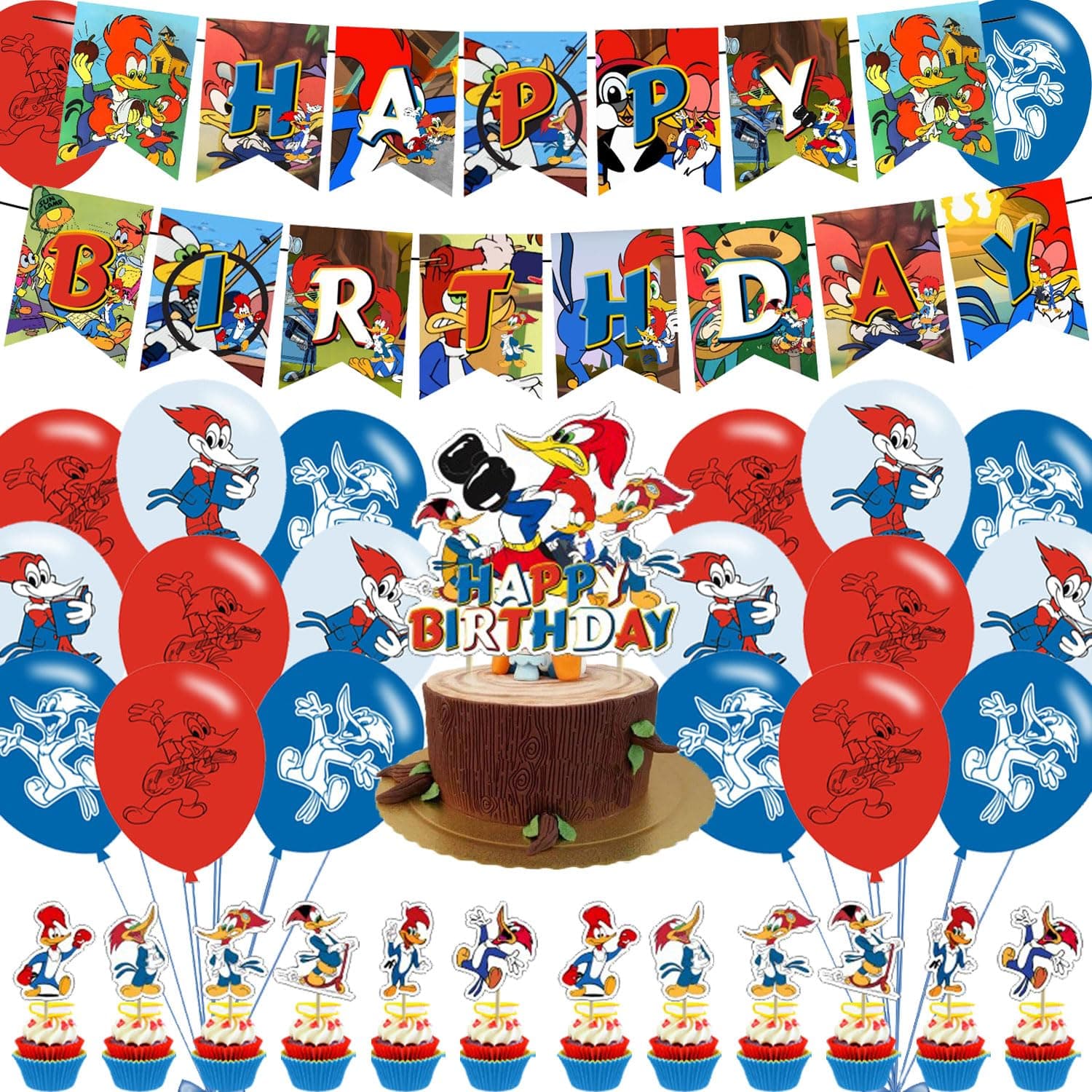 Woody Woodpecker Theme Party Decorations,Woody Woodpecker Birthday Party Supplies Includes Banner - Cake Topper - 12 Cupcake Toppers - 18 Balloons