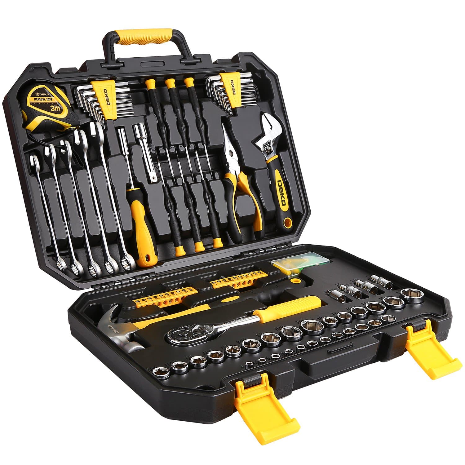 DEKO 128 Piece Socket Wrench Tool Set Auto Repair Mixed Tool Combination Package Hand Tool Kit with Plastic Toolbox Storage Case