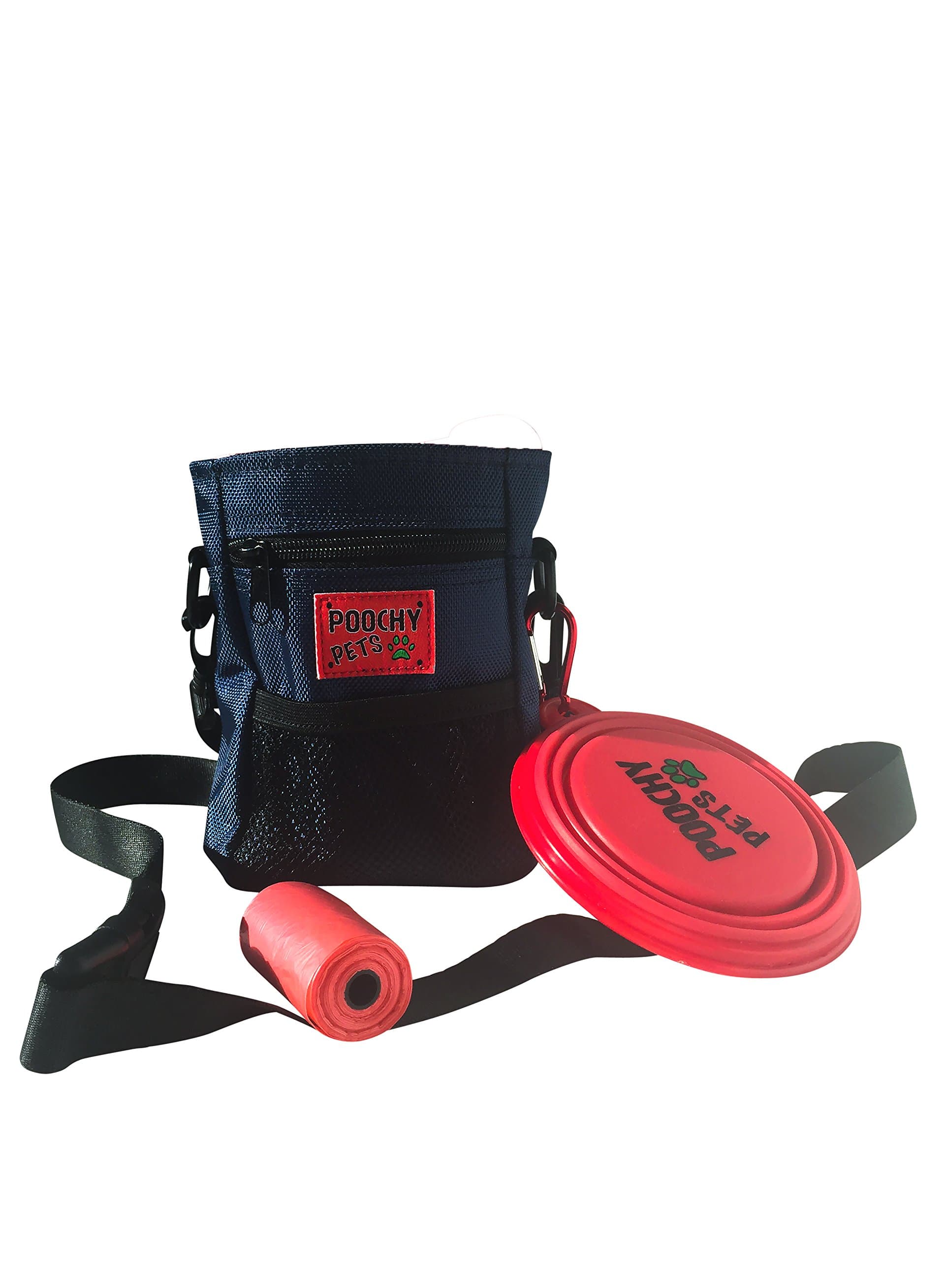 Dog Treat Bag with Poop Bag Holder & Collapsible Travel Food Water Pet Bowl - FREE POOP BAGS - Puppy Training Walking Pouch with Built-In Poo Waste Bags Dispenser - Adjustable Belt