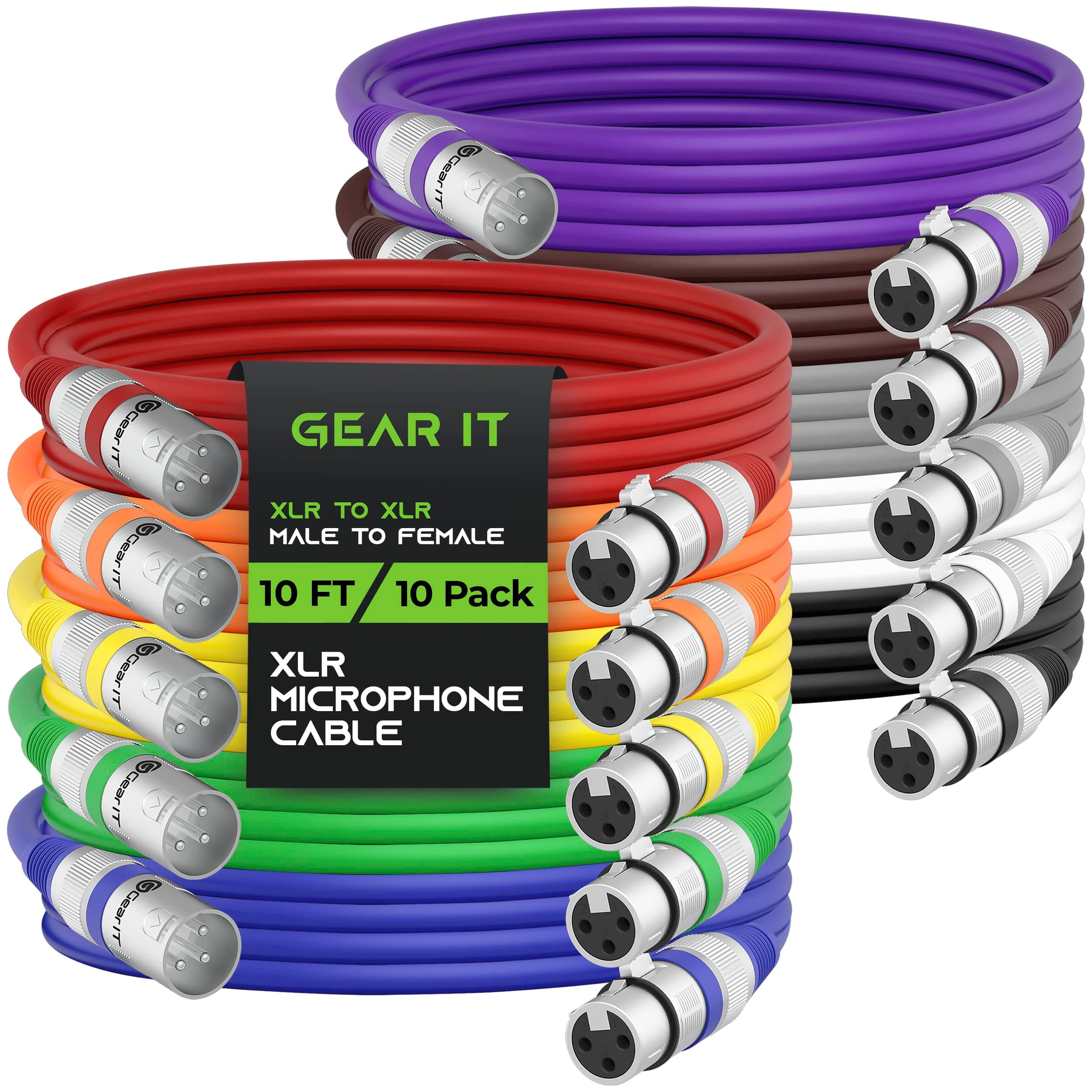 GEARit10Ft XLR Male to Female Mic Cable - 10 Pack, Balanced Shielded, Multi Colored, for Mic Mixer, Recording Studio, Podcast