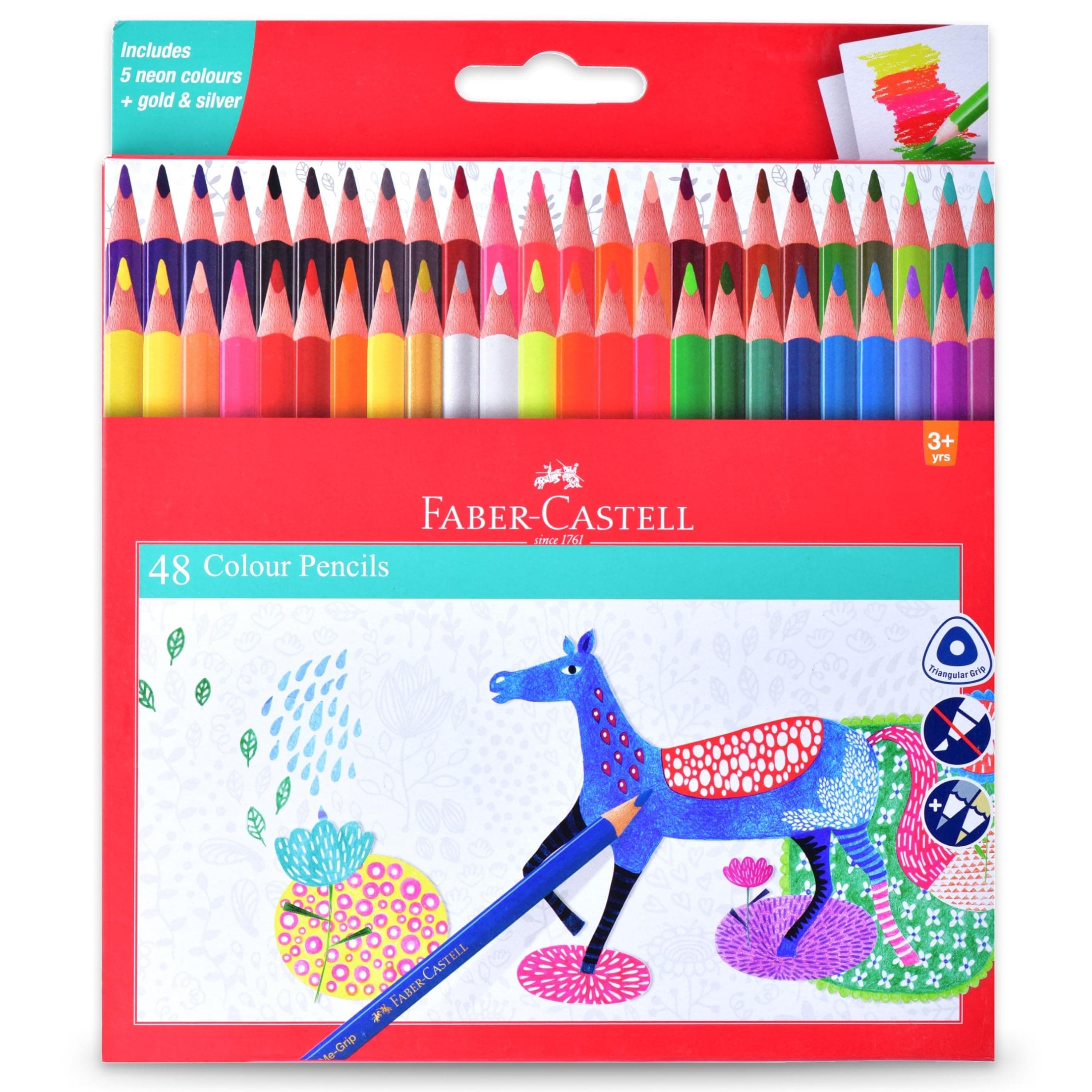 Faber-Castell Triangular Colour Pencil Set – Pack of 48 | Super Soft, Smooth & Child-Safe Colour Pencils | Classic Triangular Grip | Perfect for School and Art Projects