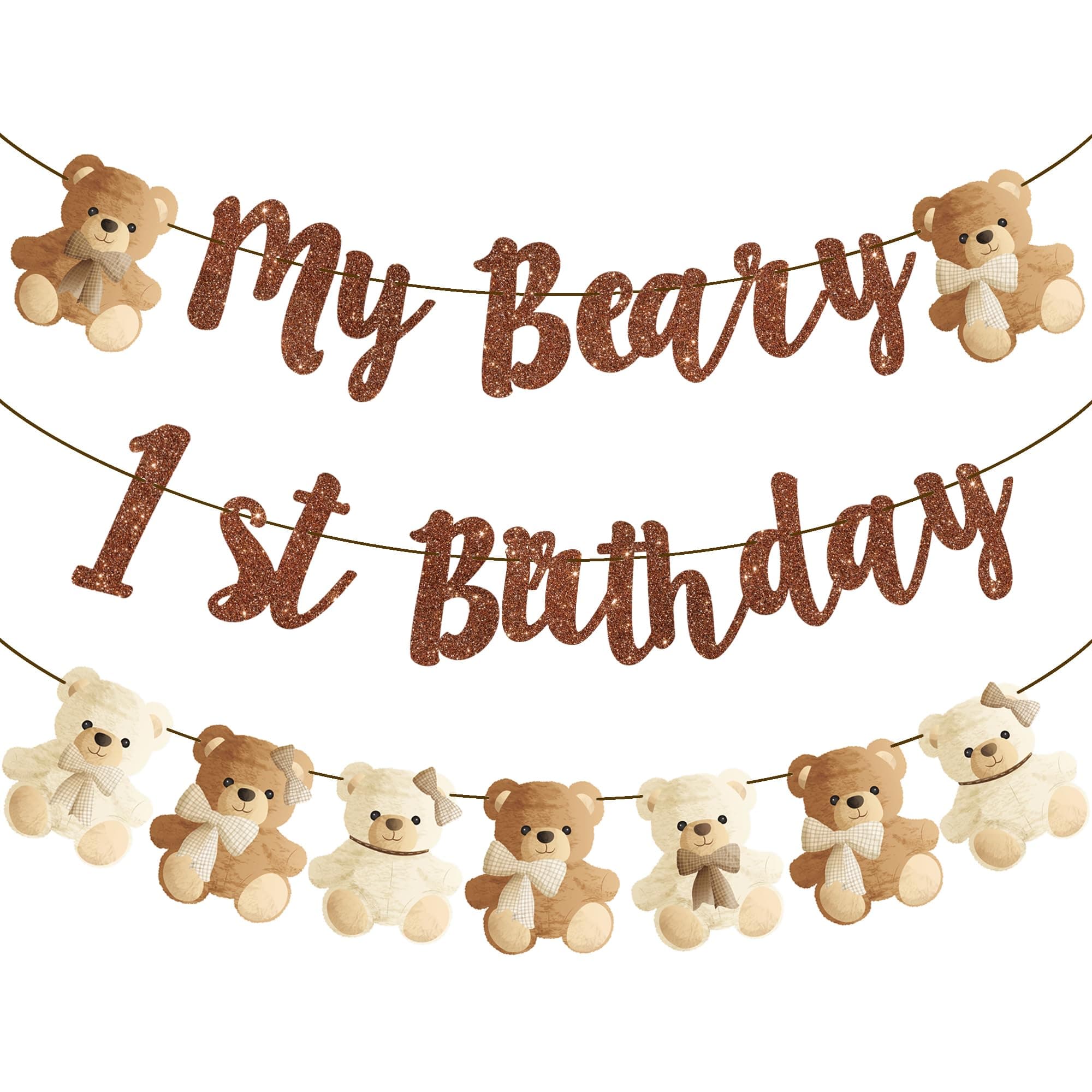 Teddy Bear My Beary 1st Birthday Banners 3Pcs Bear Birthday Party Decorations Glitter Brown Bear First Banners for Teddy Bear Baby Shower Supplies