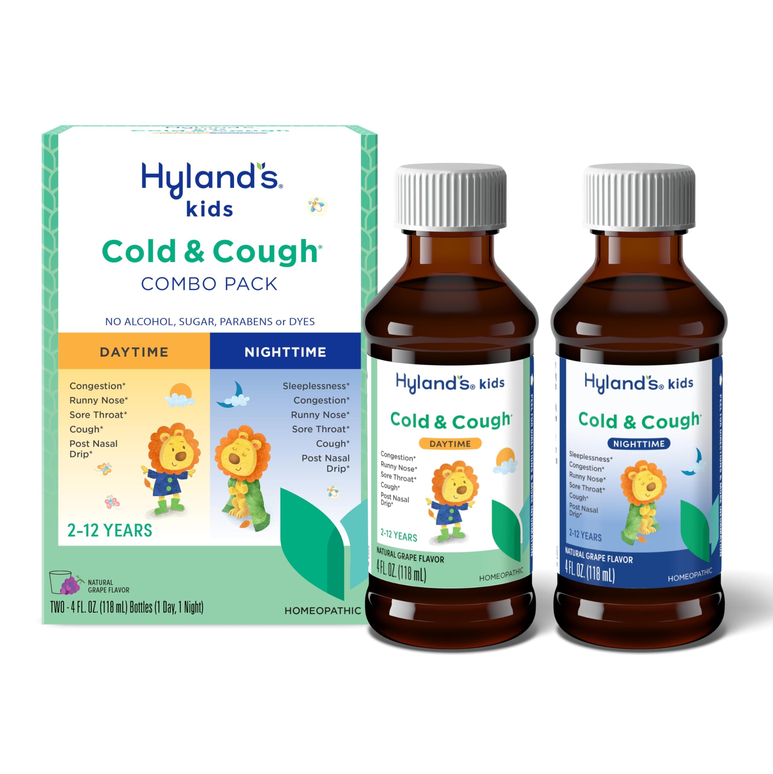 Hyland's Kids Cold and Cough, Day and Night Combo Pack, Cold Medicine for Ages 2 and up, Grape Flavor Syrup Cough Medicine for Kids, Nasal Decongestant, 4 Fl Oz (Pack of 2)