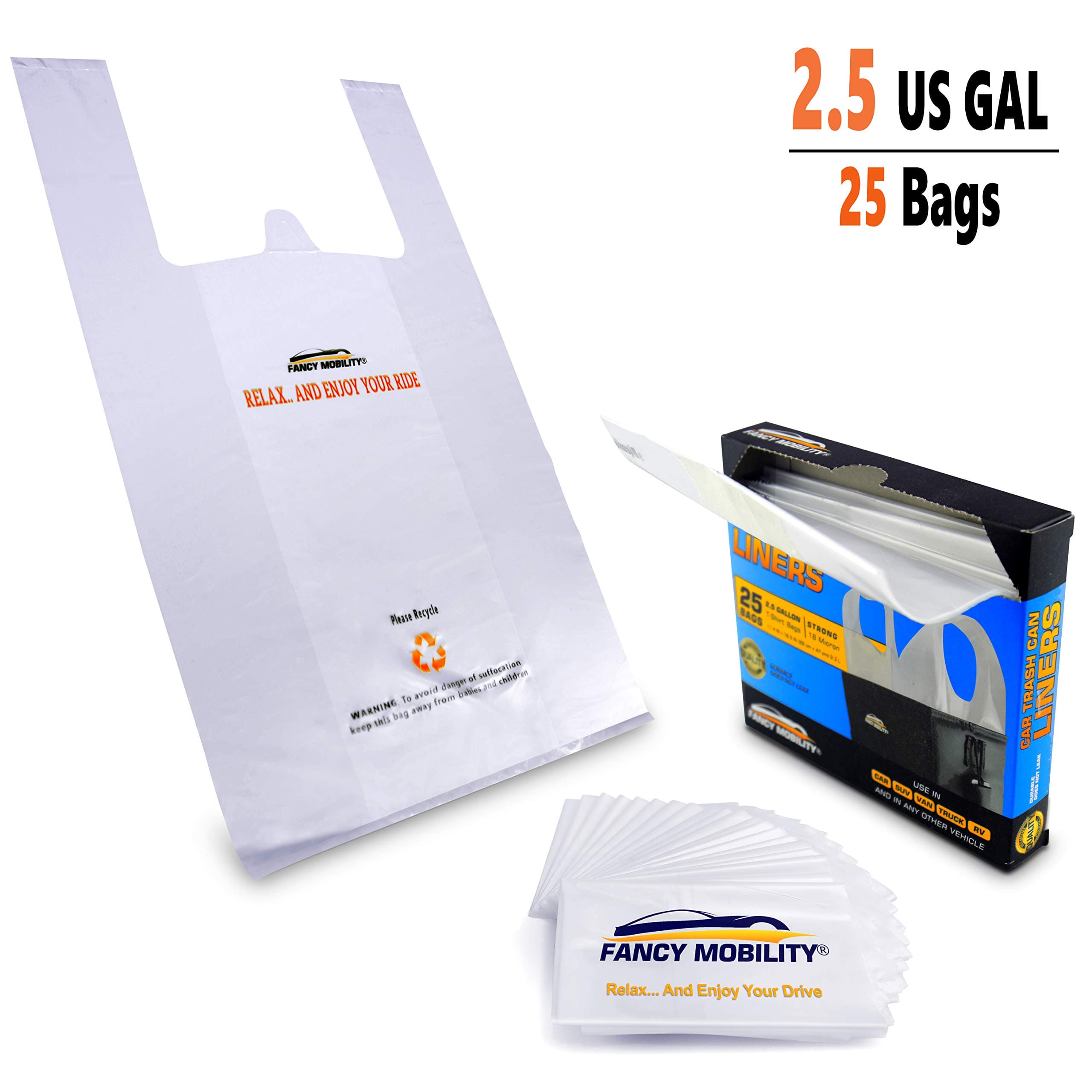 2.5 Gallon Small Car Trash Can Liners - 25 Strong Plastic Bags for Car Garbage - Car Accessories Small Waste Basket Trash Bin Liners - Great for Office, Bathroom, Bedroom (1 Pack)