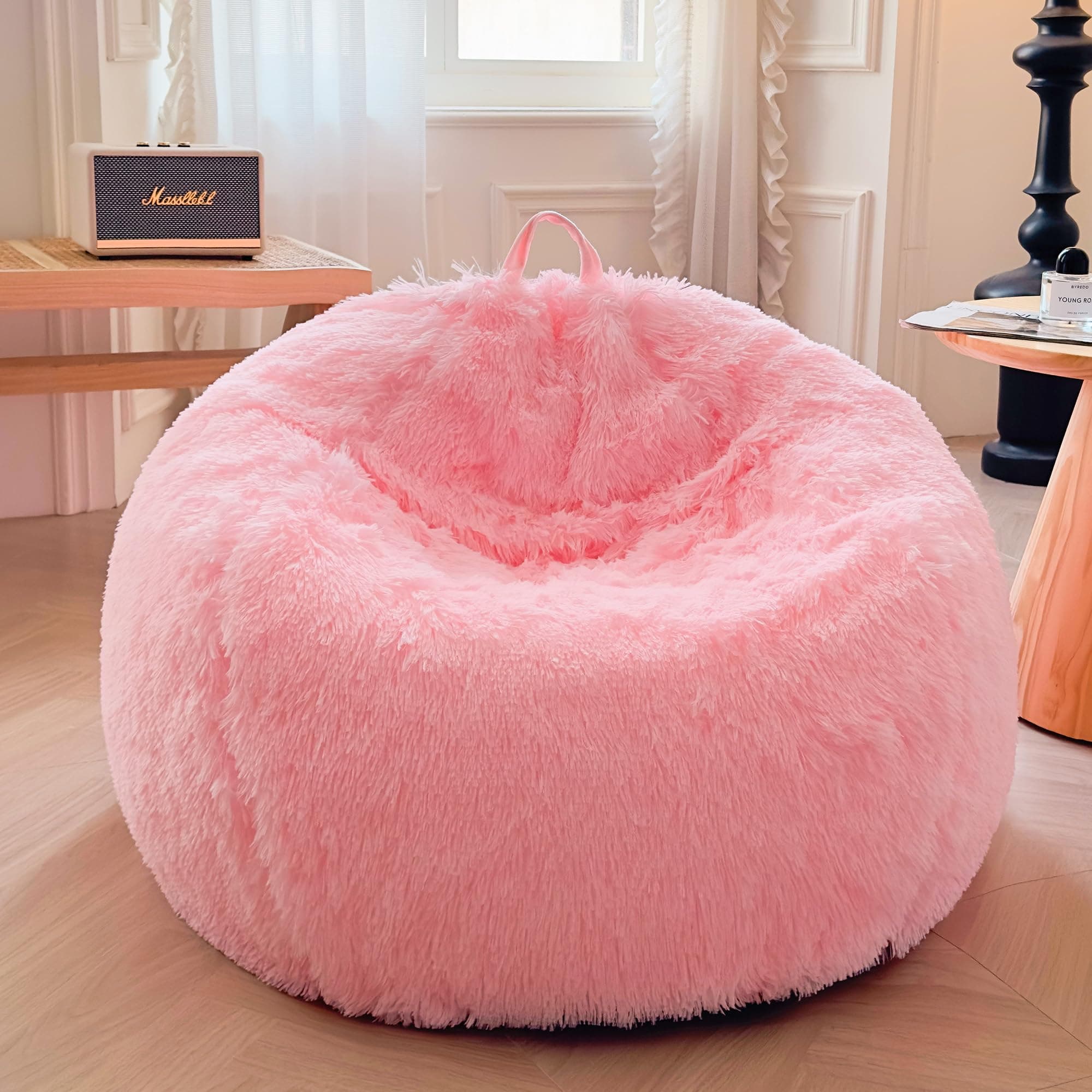 XeGe Comfy Bean Bag Cover for Living Room(No Filler), Fluffy Stuffed Animal Storage Bean Bag Chair Cover Home Decor, Furry Fuzzy Big Gaming Bean Bag Cover Adults Kids Girls, Anti-slip, Pink