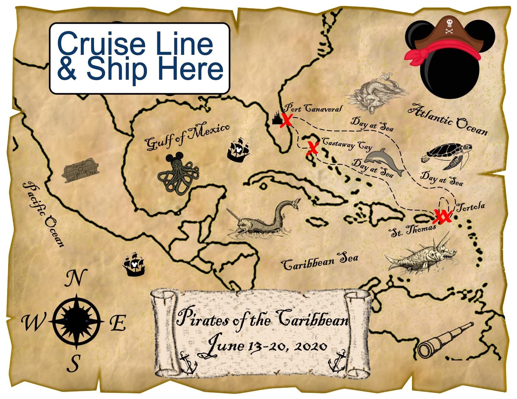Caribbean Pirate Map Magnet for Disney Cruise