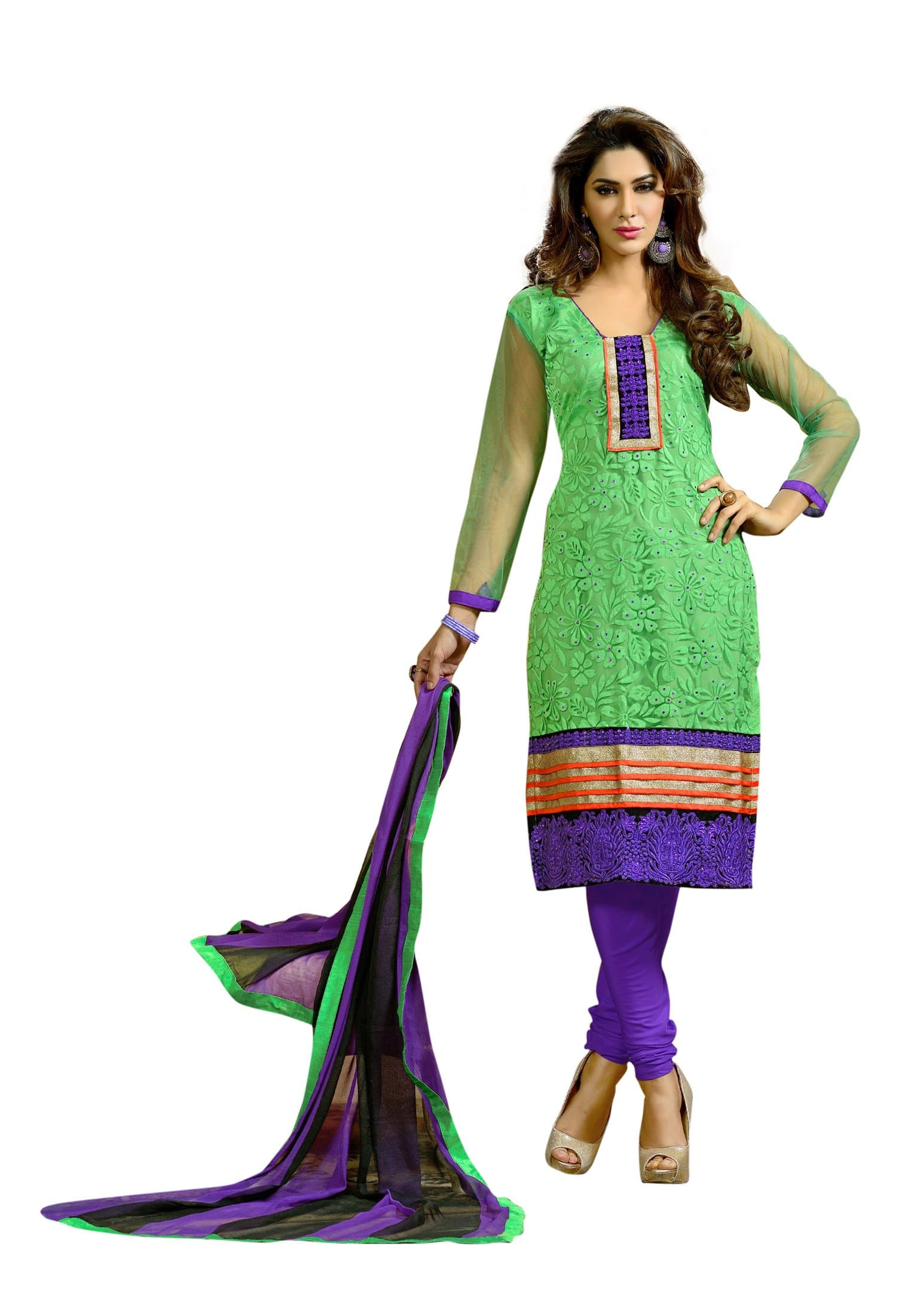 Fabdeal Green Brasso Embroidered Stitched Salwar Kameez - Readymade