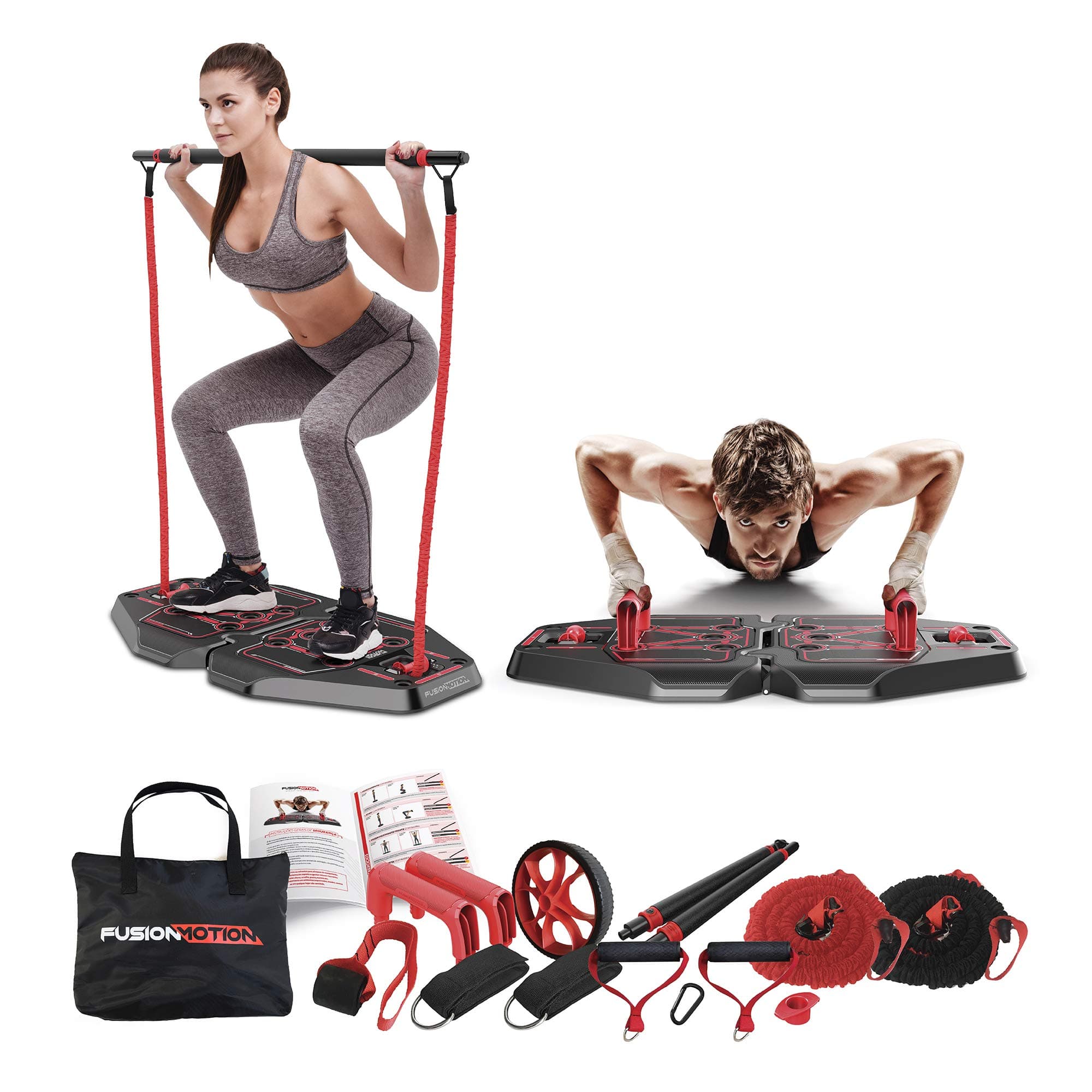 Portable Gym with 8 Accessories Including Heavy Resistance Bands, Tricep Bar, Ab Roller Wheel, Pulleys and More - Full Body Workout Home Exercise Equipment to Build Muscle and Burn Fat