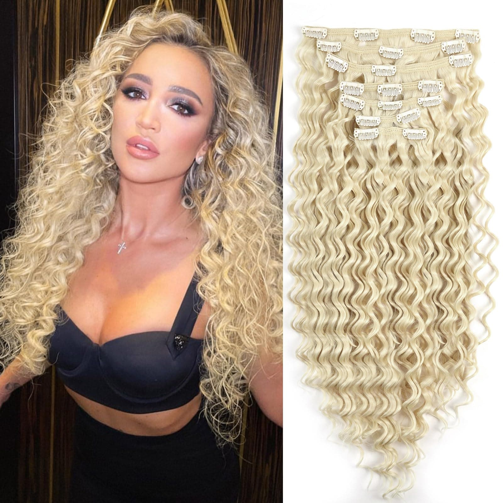 Meepo Blonde Curly Clip In Hair Extension For Black Women Natural Thick Deep Wave Hair Extension Clips Synthetic Long 24 inch hair extensions clip in Hairpiece (613(Pack of 7))