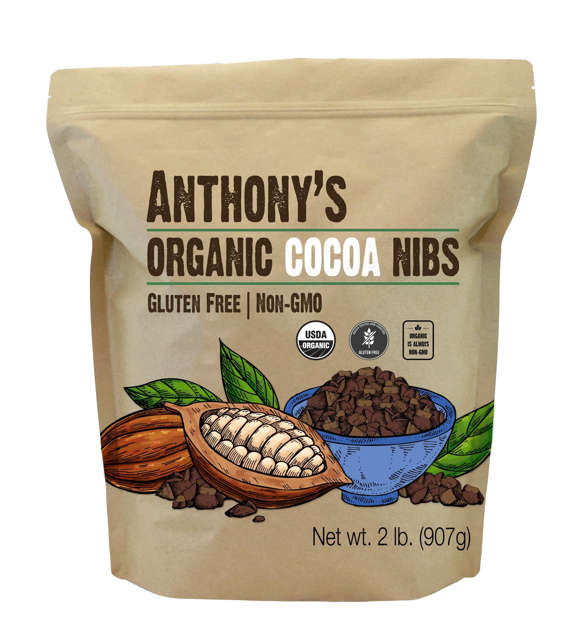 Anthony's Organic Cacao Cocoa Nibs, 2 lb, Batch Tested and Verified Gluten Free