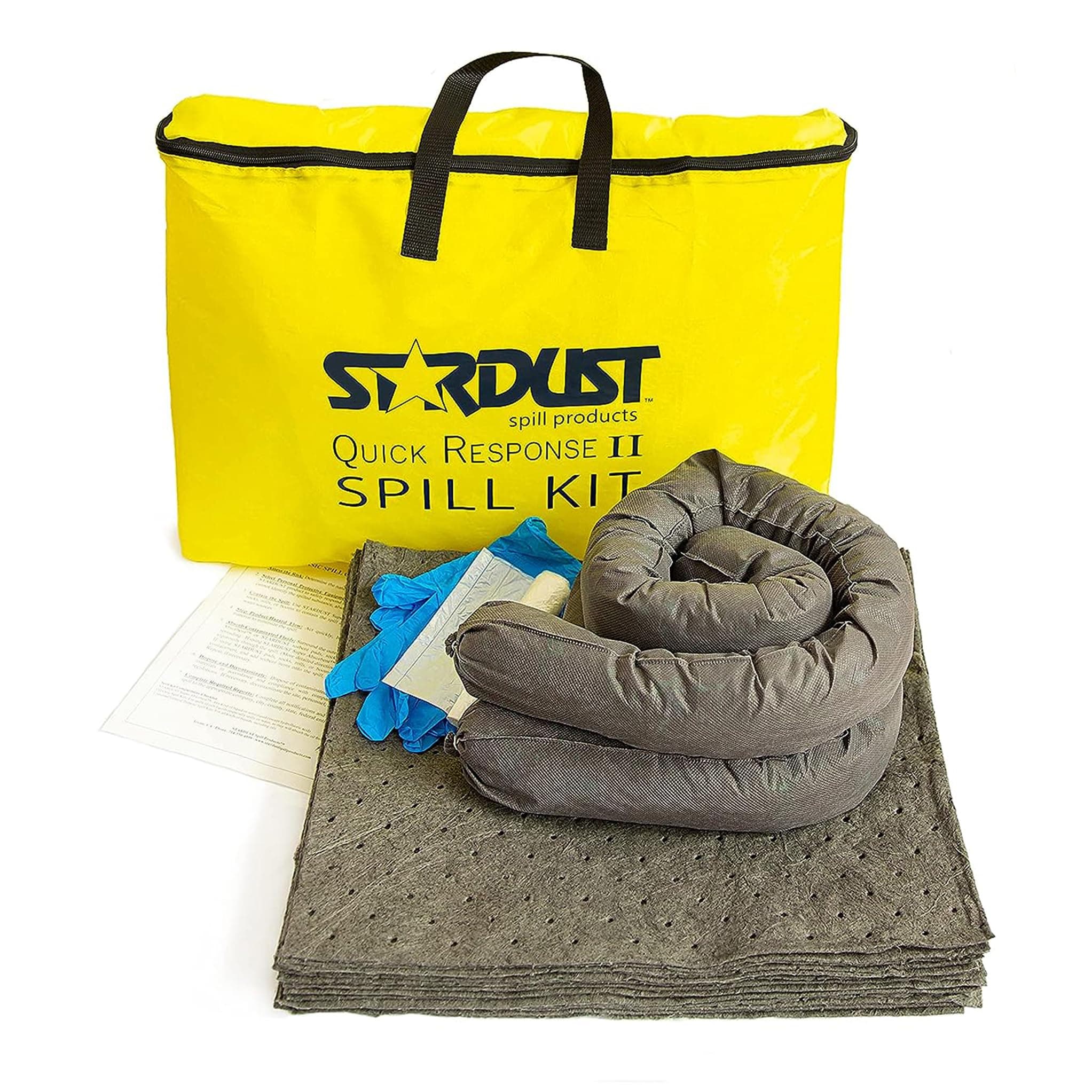 Stardust Spill Products D715 Quick Response II Spill Kit Includes Yellow Duffle, 15 Universal Sorbent Pads, 2 Universal Sorbent Socks 3"x4', 4 Disposal Bags, Nitrile Gloves