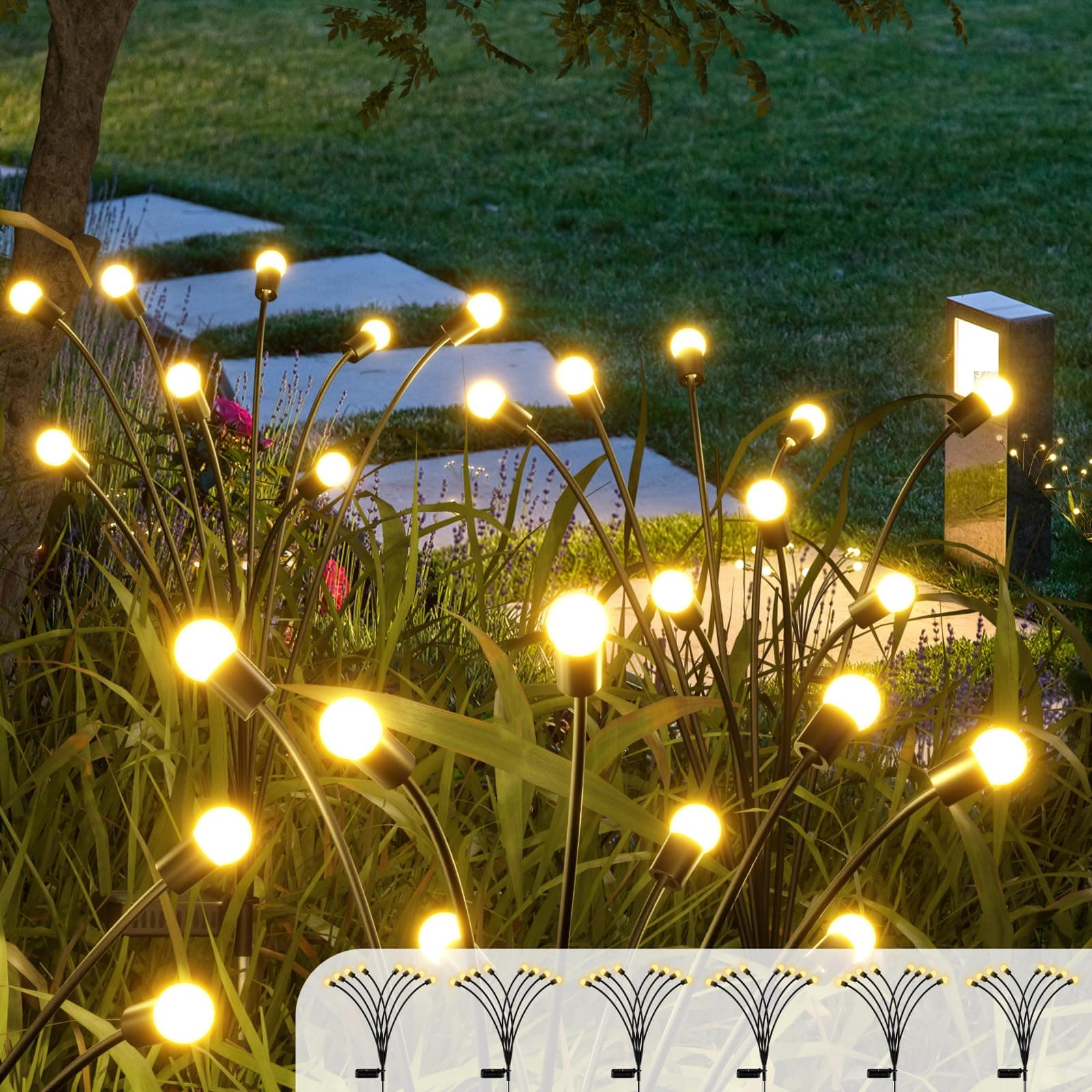Solar Garden Lights 6Pack, New Upgraded 48LEDsolar Lights Outdoor, Firefly Lights Solar Outdoor,Garden Decor for Pathway Patio Walkway Yard Decorations,White Warm
