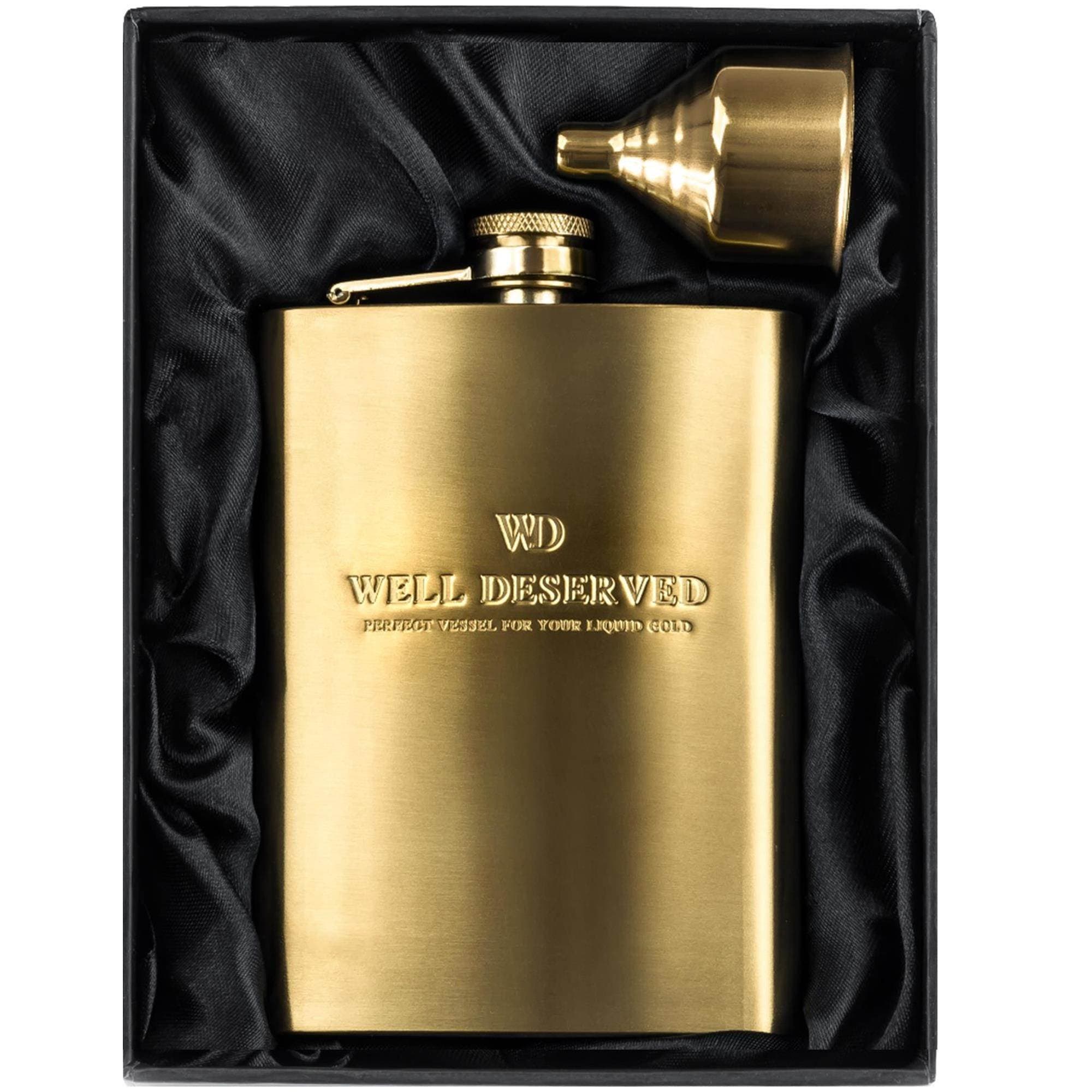 8oz Gold Flask For Liquor + Funnel + Pouch. Classy Black Satin Packaging. Proven Gift For Men or Women. Engraved Well-Deserved. Wedding, Groomsmen, Birthday