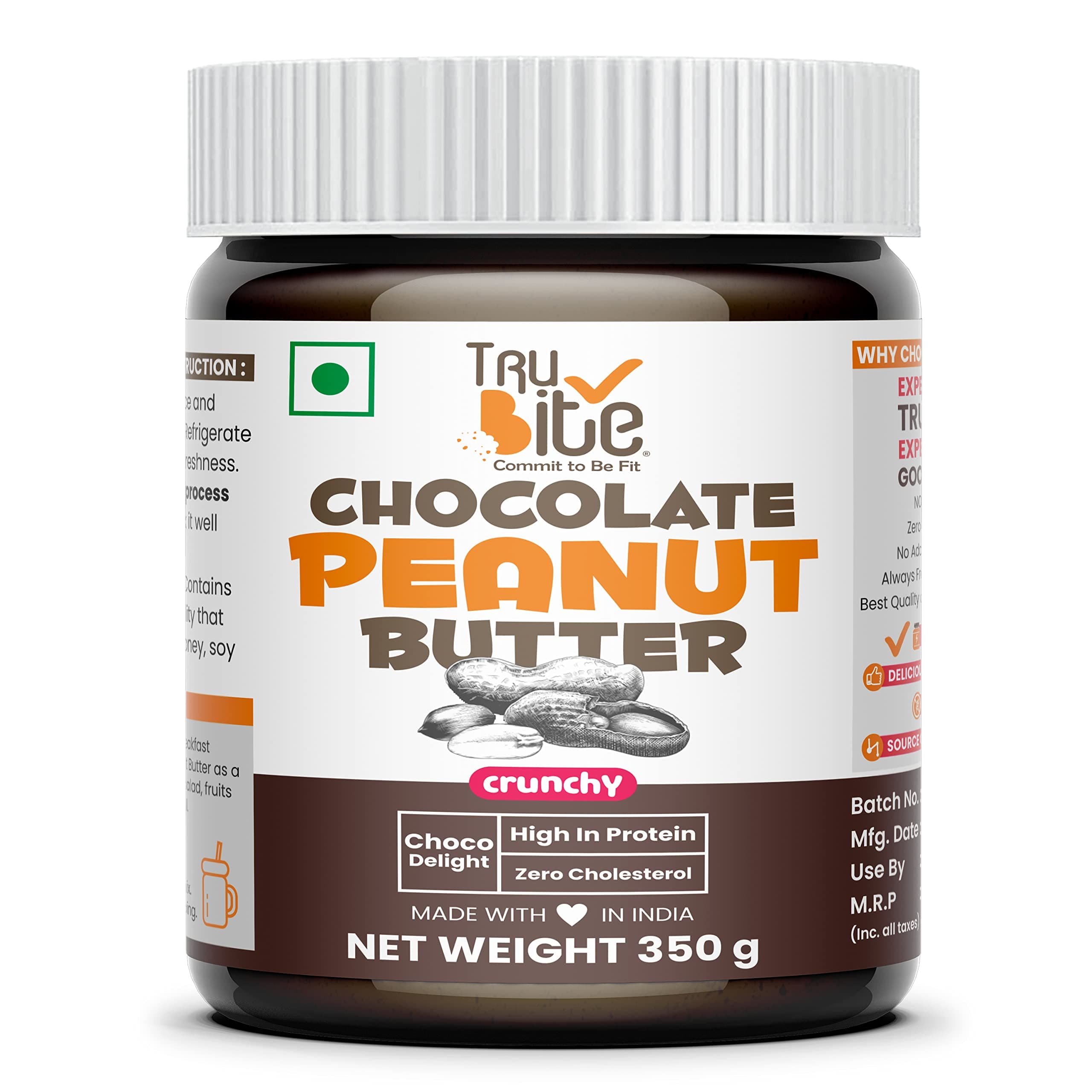 Trubite Chocolate Peanut Butter (Crunchy) (350g) | High in Protein | Goodness of Dark Chocolate | No Cholesterol | Rich in Antioxidant (350G)