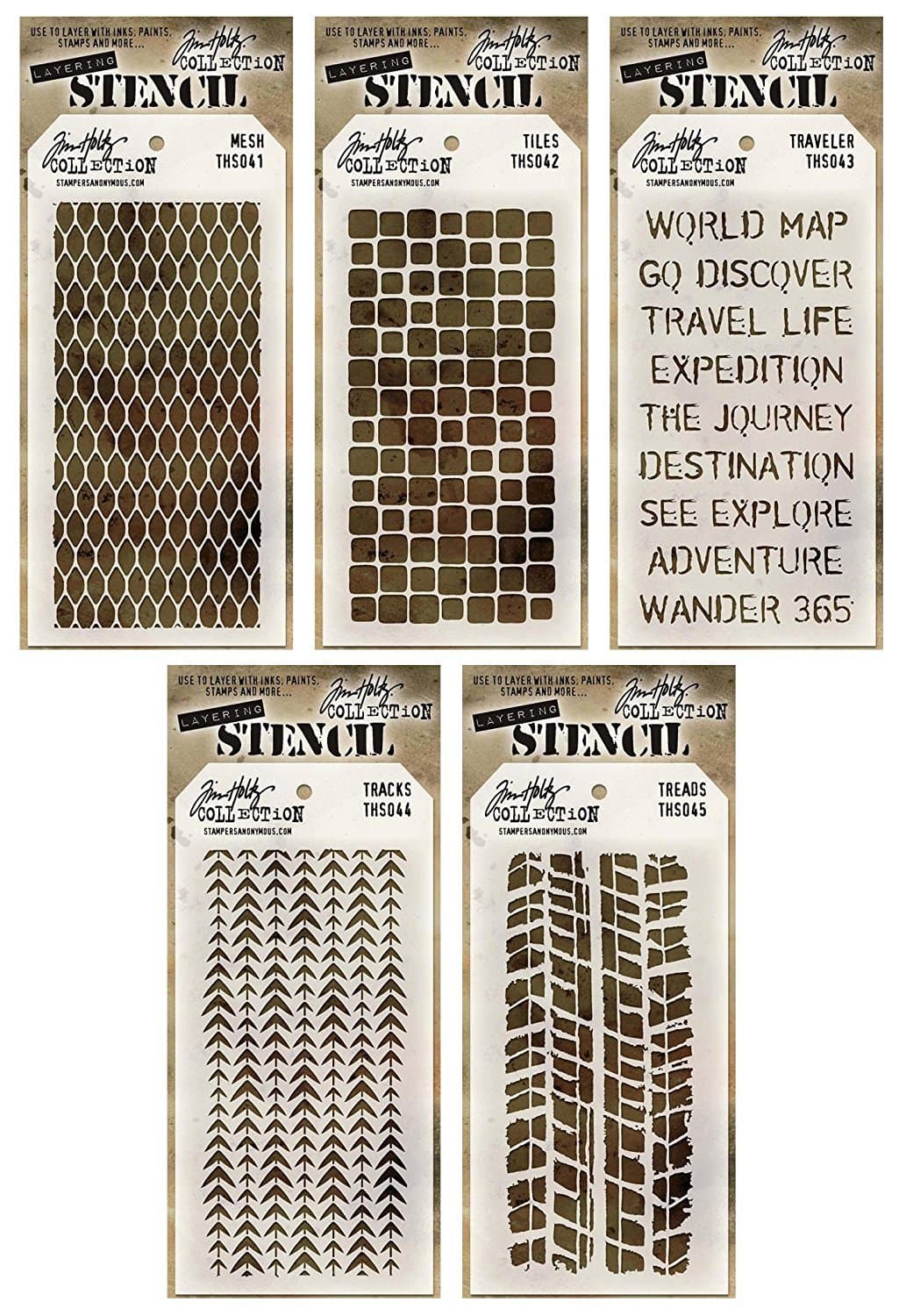 Tim Holtz - Stencils Set 3 - Five Item Bundle - Mesh, Tiles, Travelers, Tracks, and Treads
