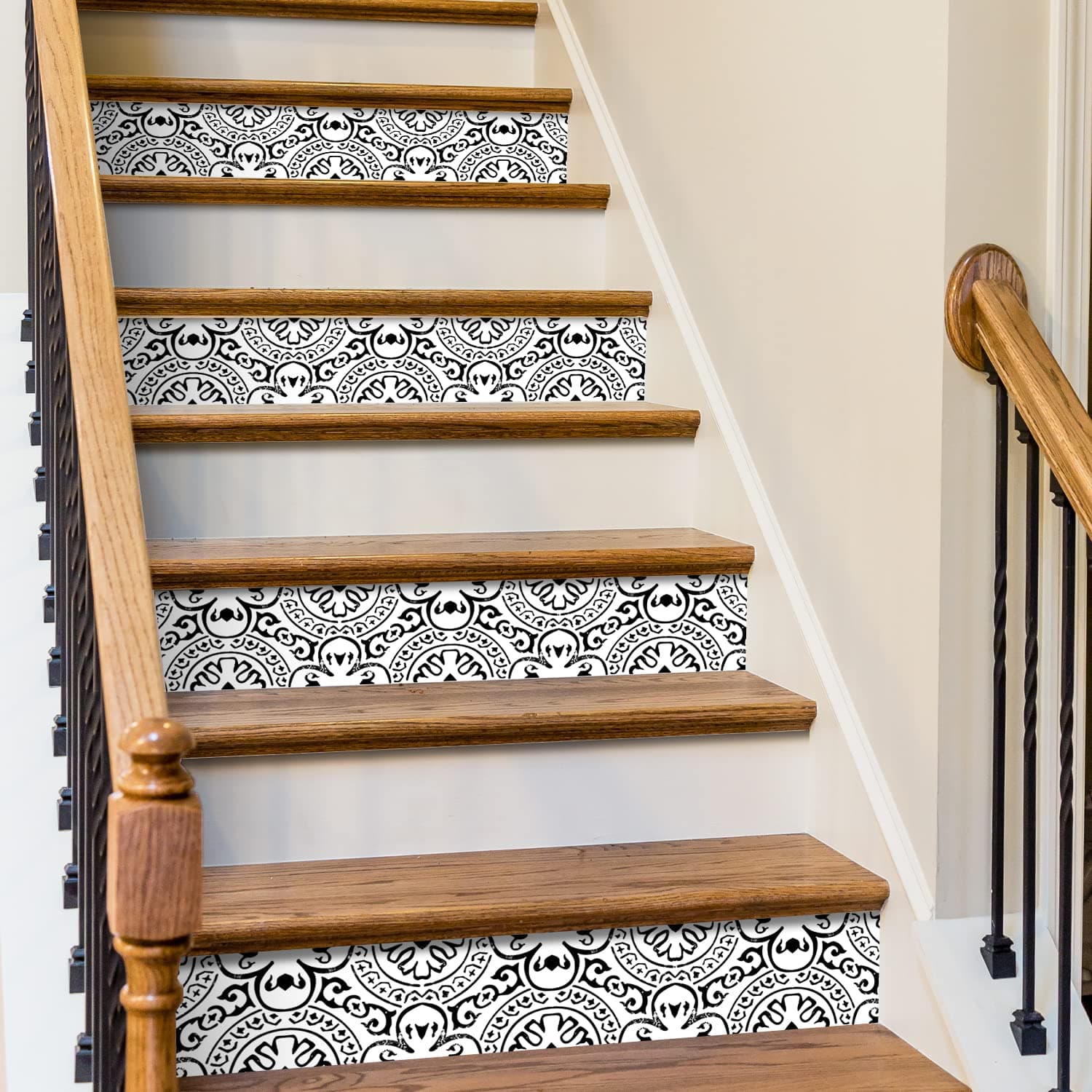 funlife13Pcs Black Retro Stair Riser Peel and Stick Vinyl Decals, Self-Adhesive Staircase Stickers, 39.37"x7.09" Black Italian Pattern