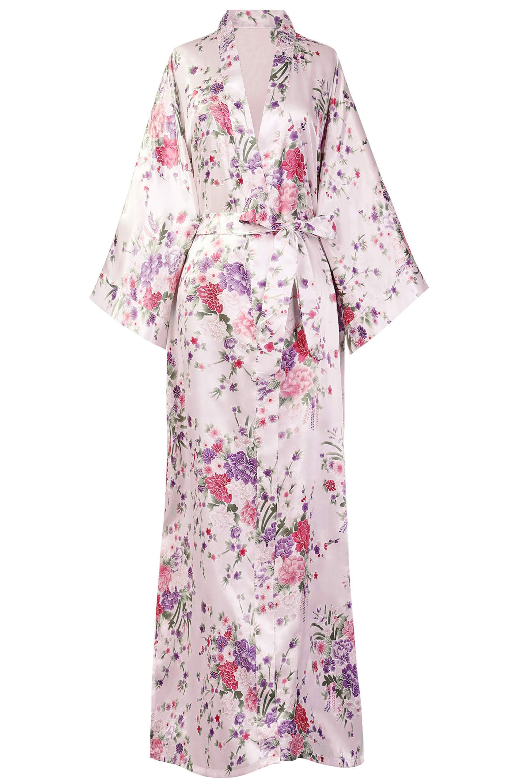Fantherin Kimono Dressing Gown Floral Kimono Robe Silk Satin Kimono for Women Wedding Pyjamas Party 135cm/53'' (Pink)