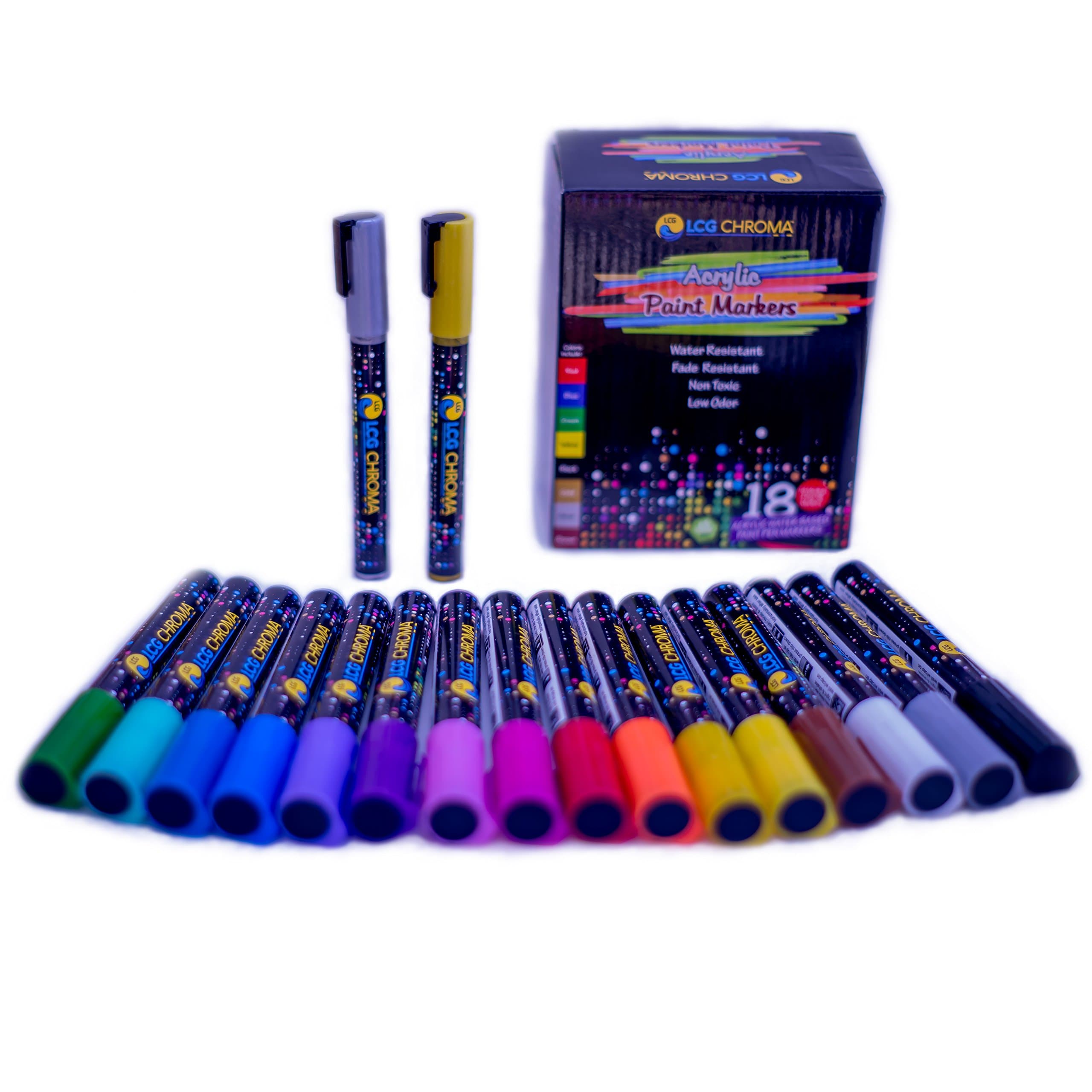 Multi-Color Acrylic Paint Marker/Pen Set with 18 Bullet & Chisel, Medium & Fine Tips - Use on Wood, Glass, Fabric, Ceramic, Rocks, Metal, Porcelain or Paper for DIY Projects, Art, and Painting