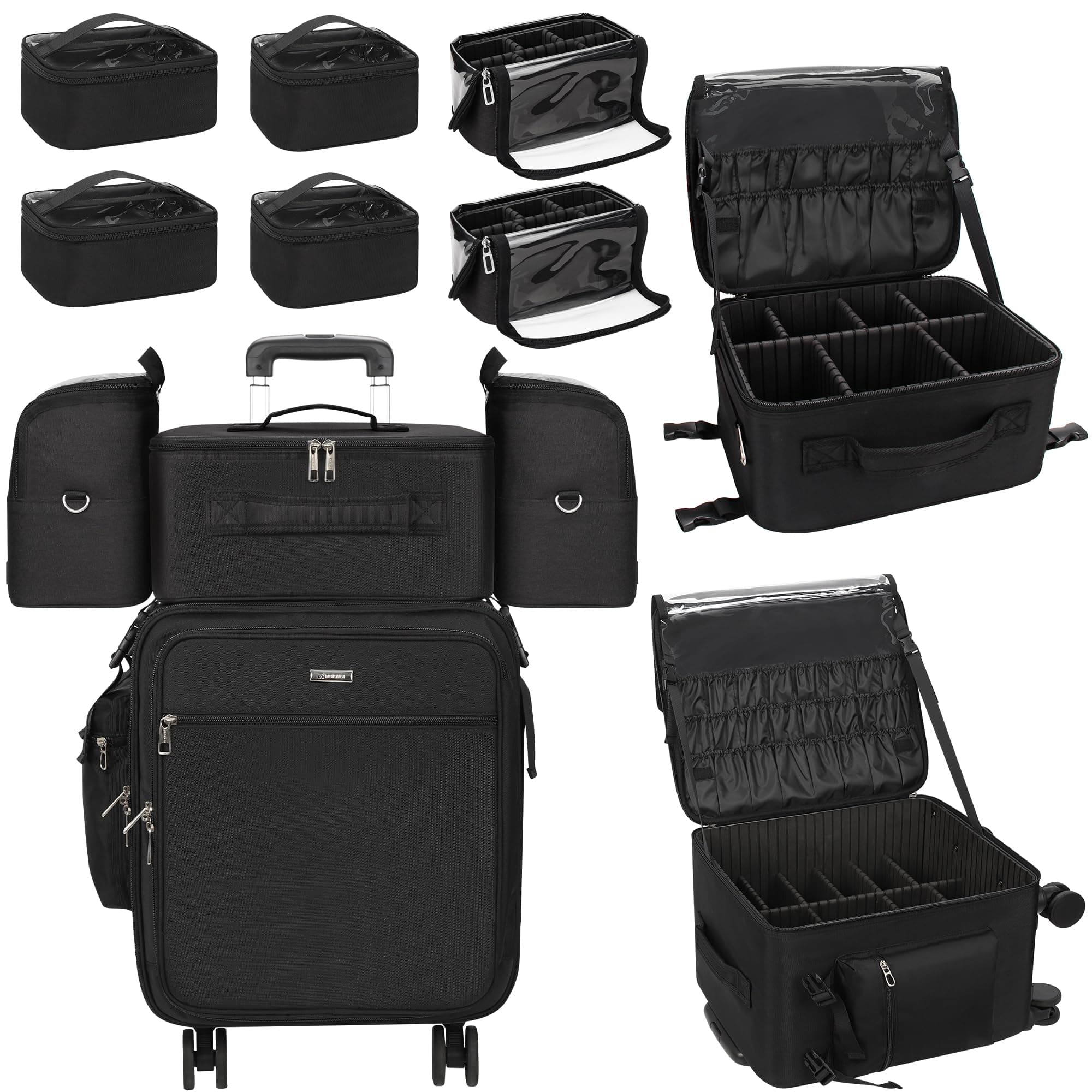 Rolling Makeup Case Professional Makeup Train Case, Rolling Makeup Kit Bag Makeup Artist Travel Bag with Wheels, 4-in-1 Portable Travel Beauty Trolley Case for Cosmetology Storage(Black)