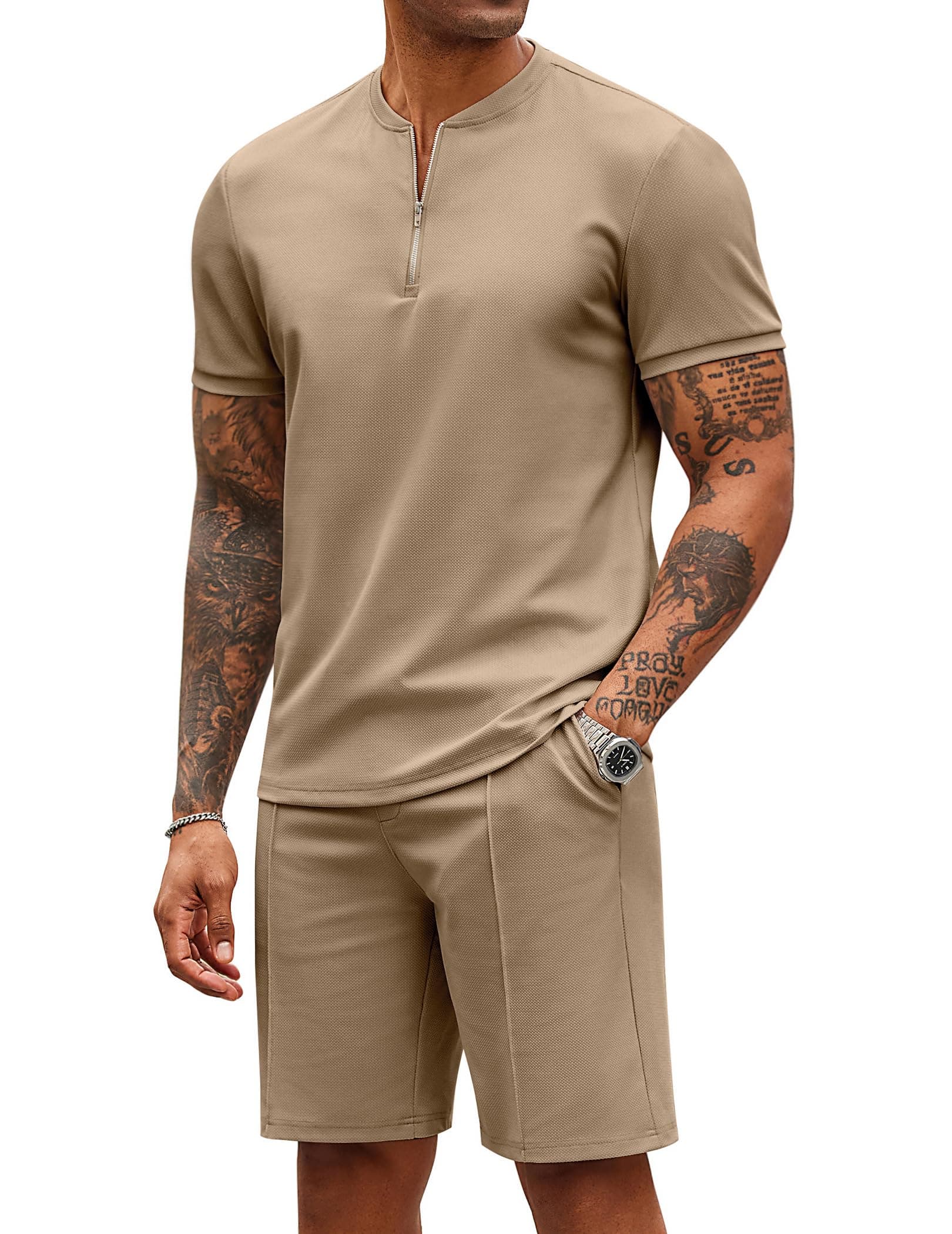 Men's 2 Pieces Outfits Casual Quarter Zip Polo T Shirt and Shorts Set Athletic Jogging Summer Tracksuit