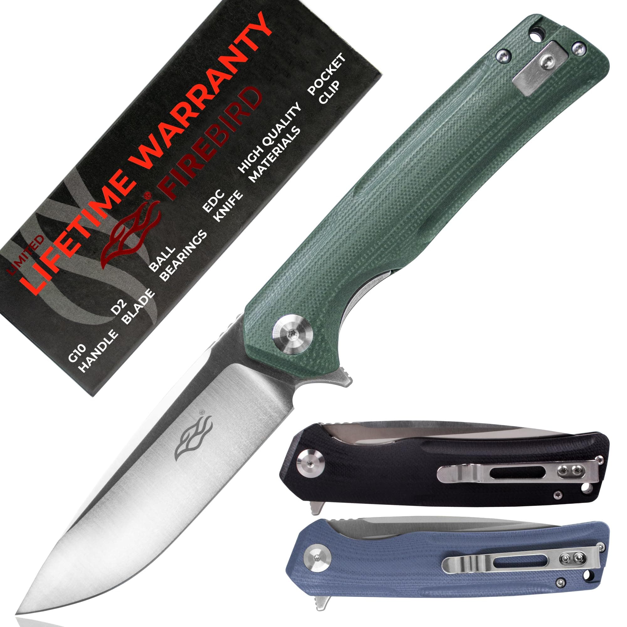 GANZO FH91-GB Ball Bearing Pocket Folding Knife D2 Steel Blade Ergonomic G10 Anti-Slip Handle with Clip Camping Fishing Hunting Outdoor Flipper EDC Pocket Knife (Green)