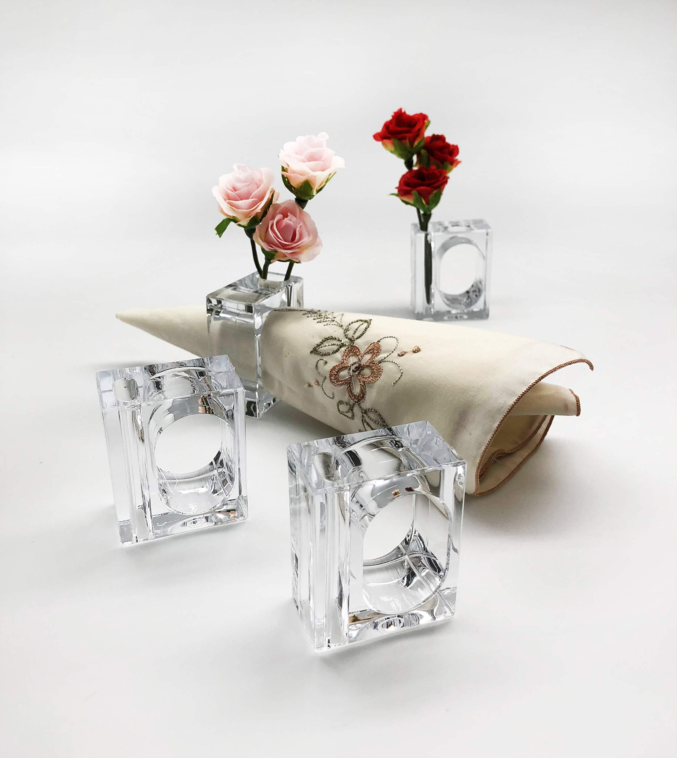 Set of 4 Napkin Rings Bud Vase Flower Holder, 100% FDA Compatible Food Container Safety Grade Clear Acrylic, Great Gift, Holiday Table Settings