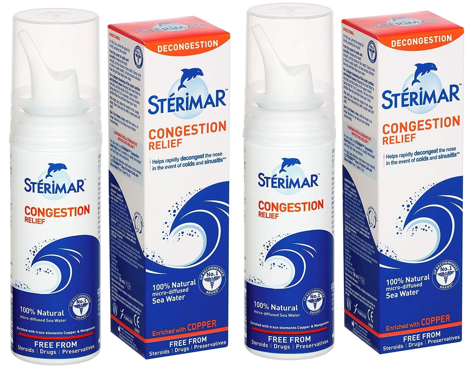 Sterimar Nasal Spray - Congestion Relief - Natural Sea Water with Copper & Magnesium - 100ml - Pack of 2