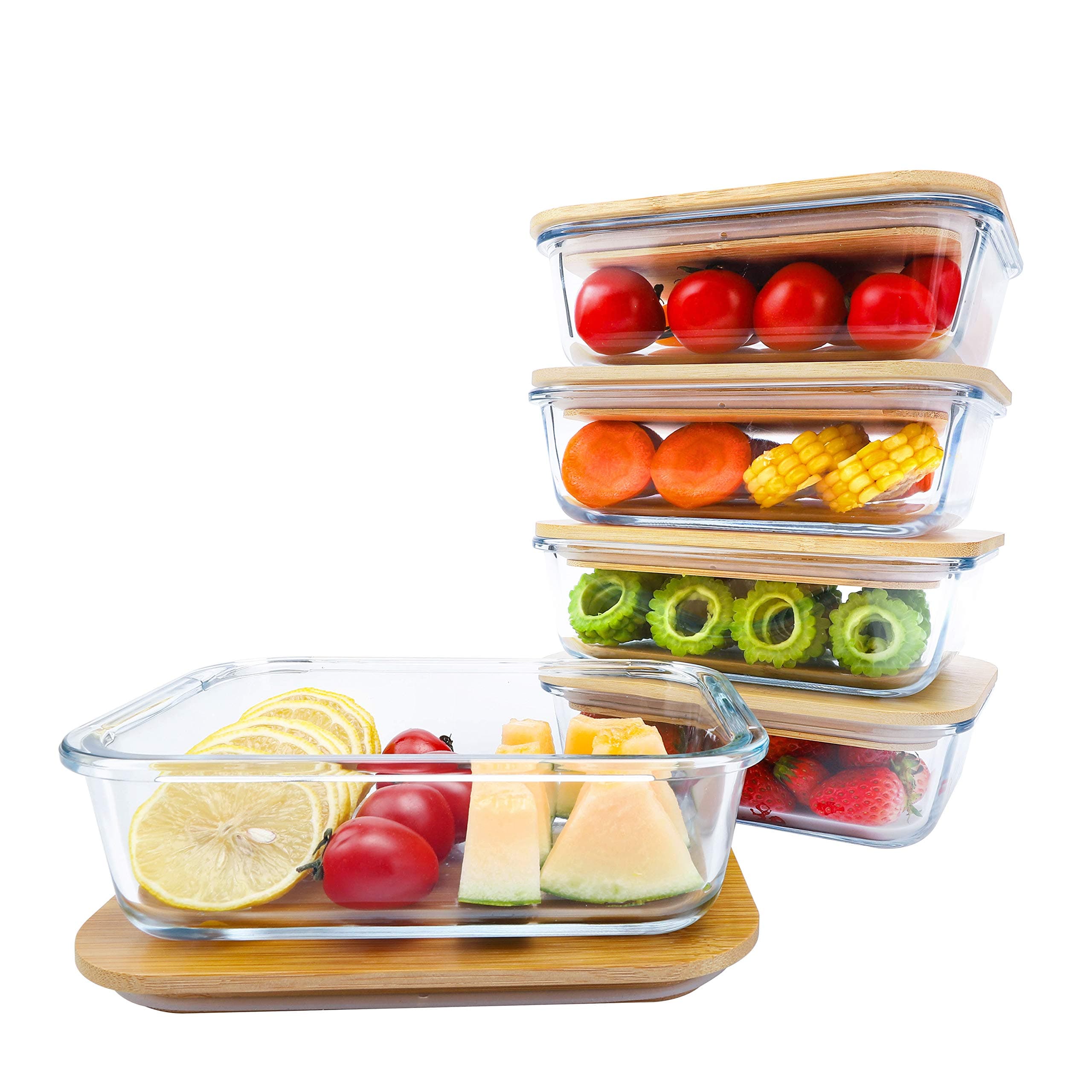 BlueHillsPremium Glass Meal Prep Lunch Containers with bamboo Lids Plastic Free Glass Food Containers BPA-Free Microwave Oven Freezer Dishwasher Safe 5 pack set 10 pieces (G004 bamboo lid)