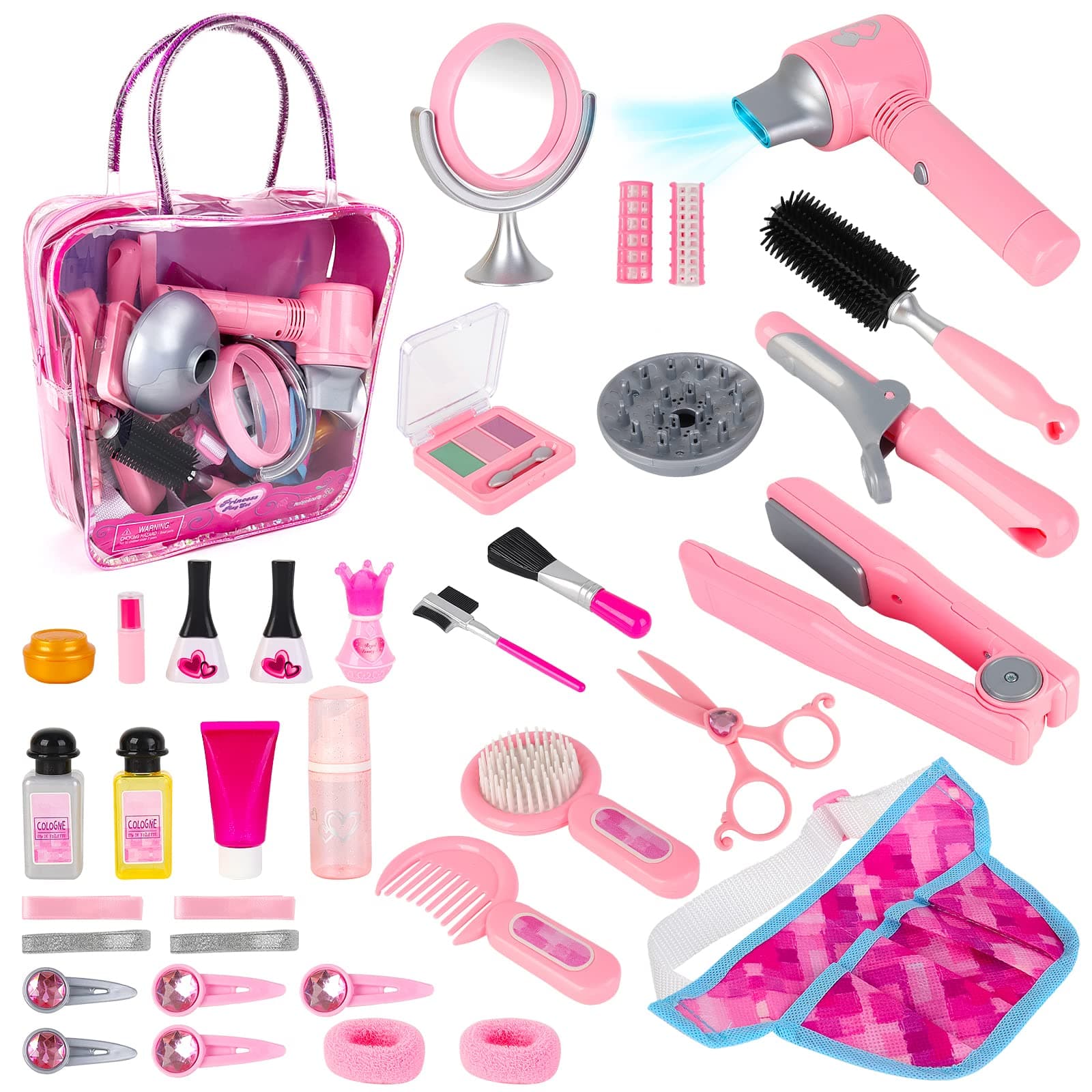 deAO Kids Role Play Hair Salon Kit, Portable Makeup & Hair Styling Pretend Play Set with Carry Case, Cosmetic Case, Curling Iron for Hairdressing & Makeup Practice Gift for Kids 3+