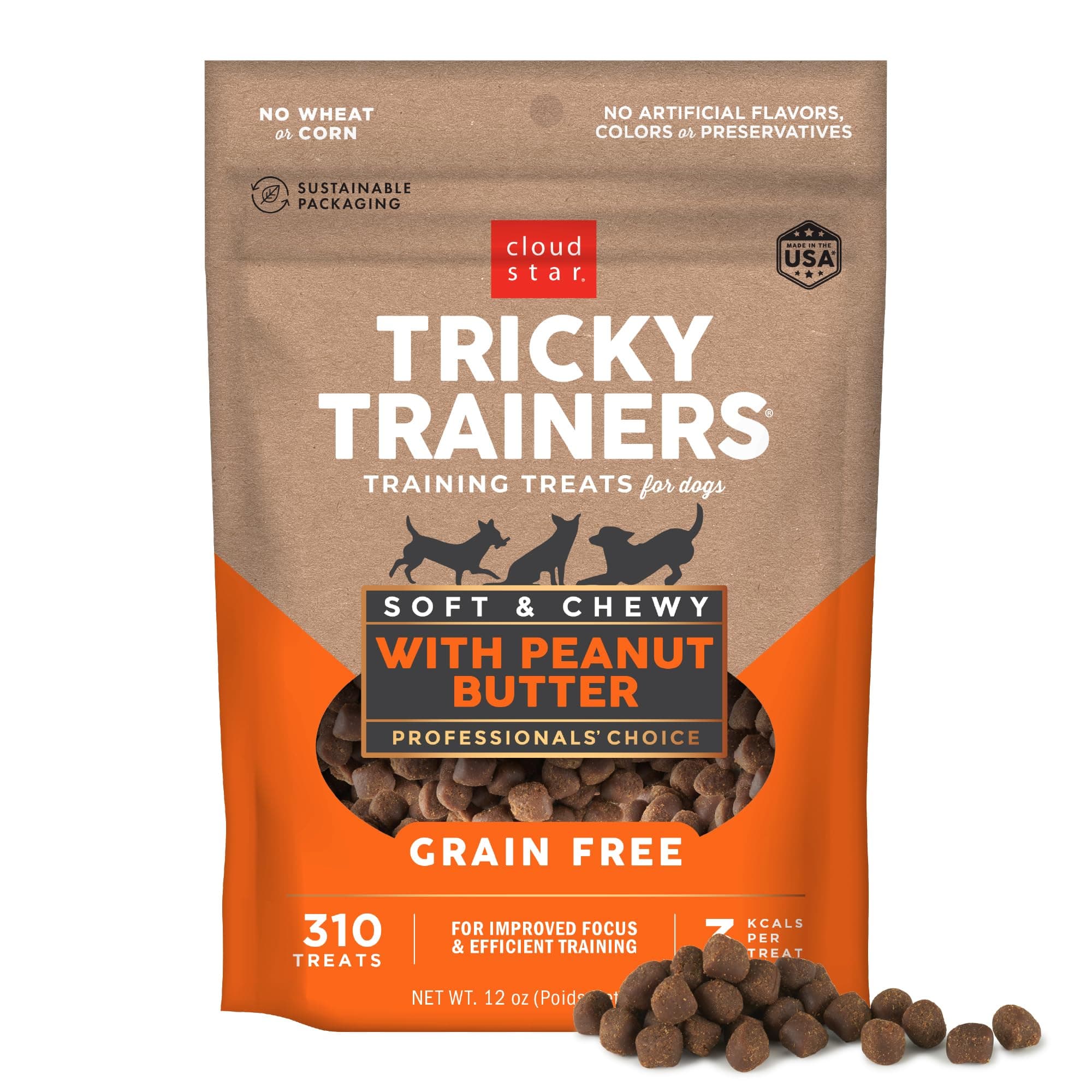 Cloud Star Tricky Trainers Chewy Grain Free Training Treats for Dogs, Made in the USA, Peanut Butter 12 oz.