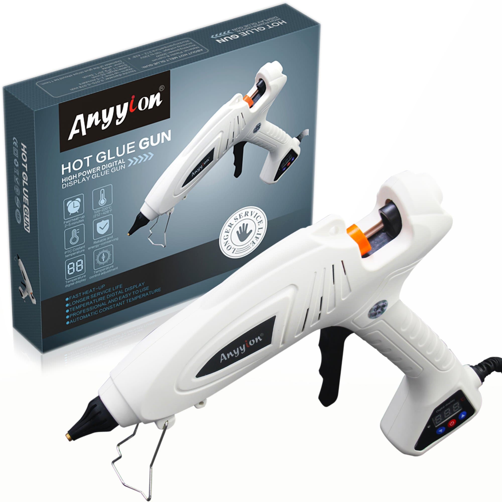 Hot Glue Gun, Anyyion 300W Industrial Glue Gun High Temperature Digital Display Hot Melt Glue Gun,White