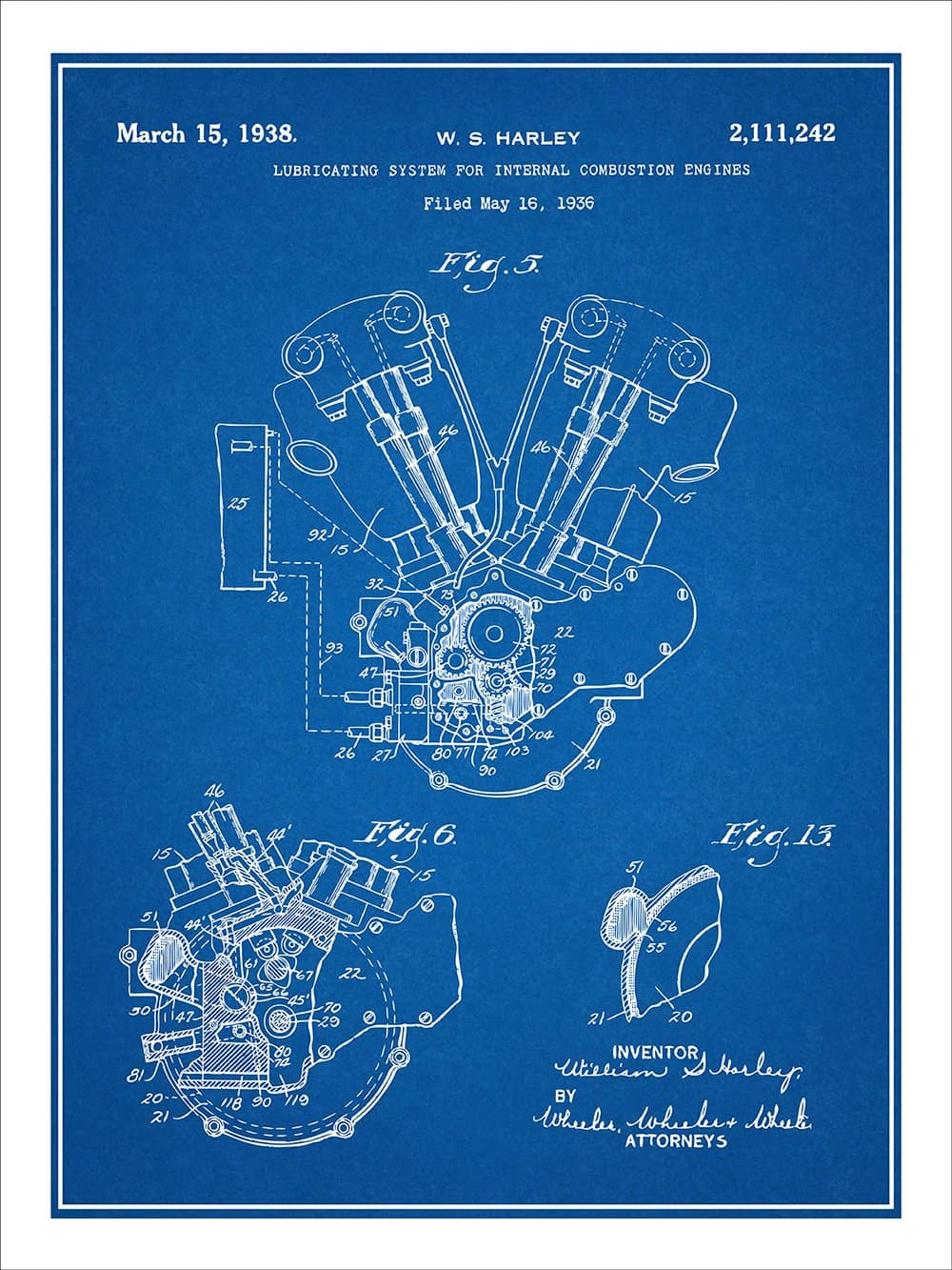 Studio 21 Graphix 1936 Harley Davidson Knucklehead Engine Patent Print Art Poster UNFRAMED Uncludes a white border Blueprint 18" X 24"