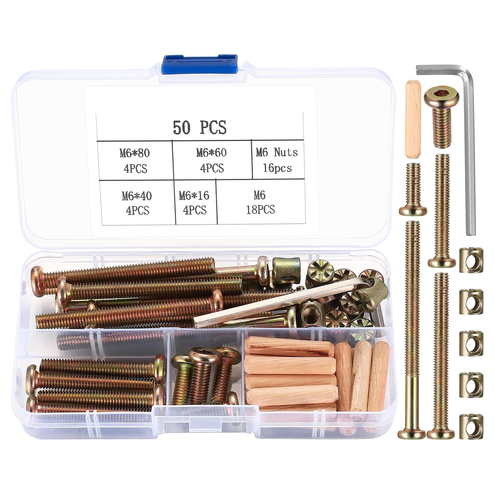 M6x40/50/60/70/80mm Crib Screws Assortment 20-Set Wooden Double beds Hardware Replacement Kit,Bolts & Barrel Nuts & Wooden Dowels, Hex Socket Head Cap Screws Nuts for Headboards Furniture (50)