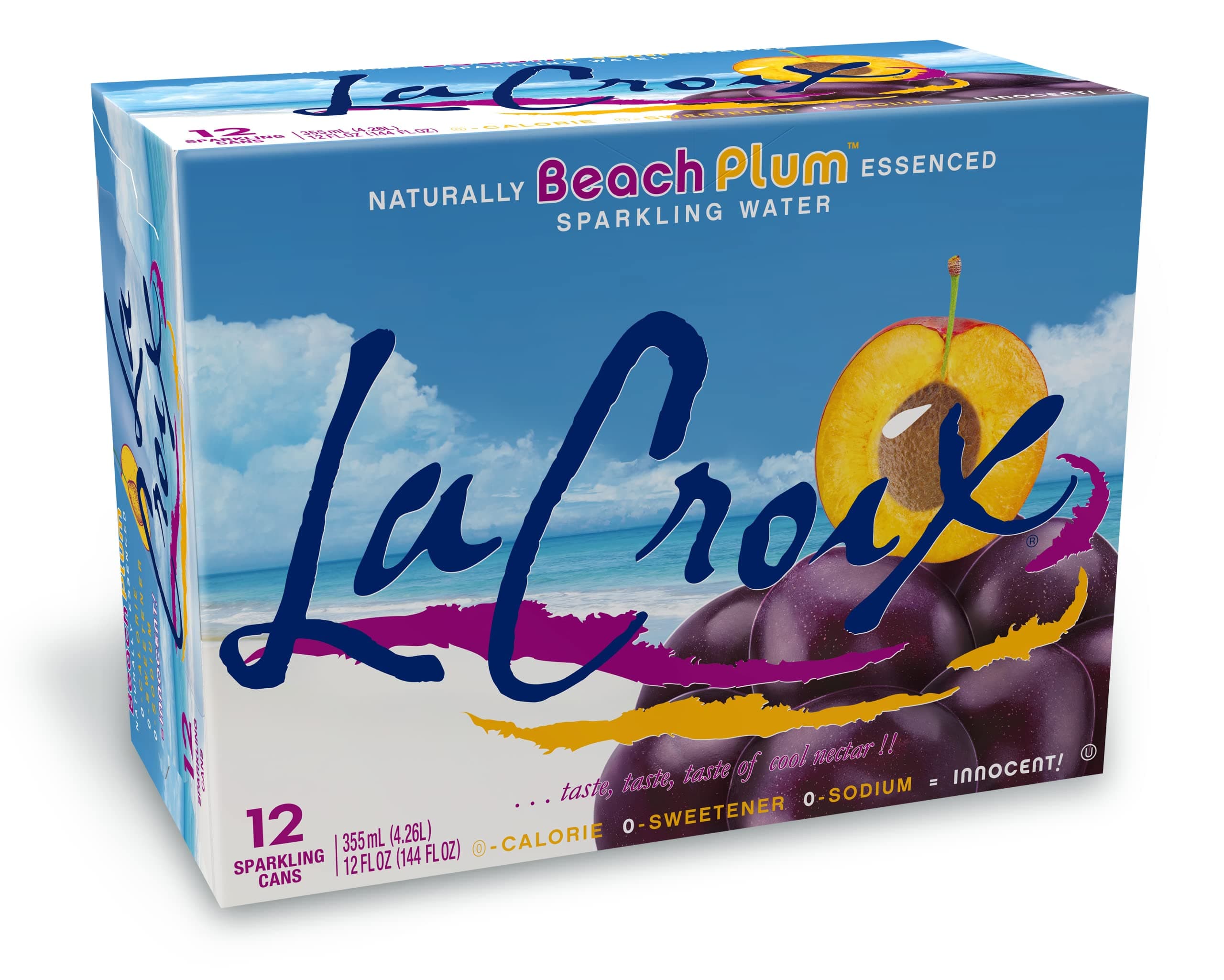 La Croix Naturally Essenced | 0 Calorie | 0 Sweetener | 0 Sodium | Beach Plum Sparkling Water 355ml (Pack of 12)