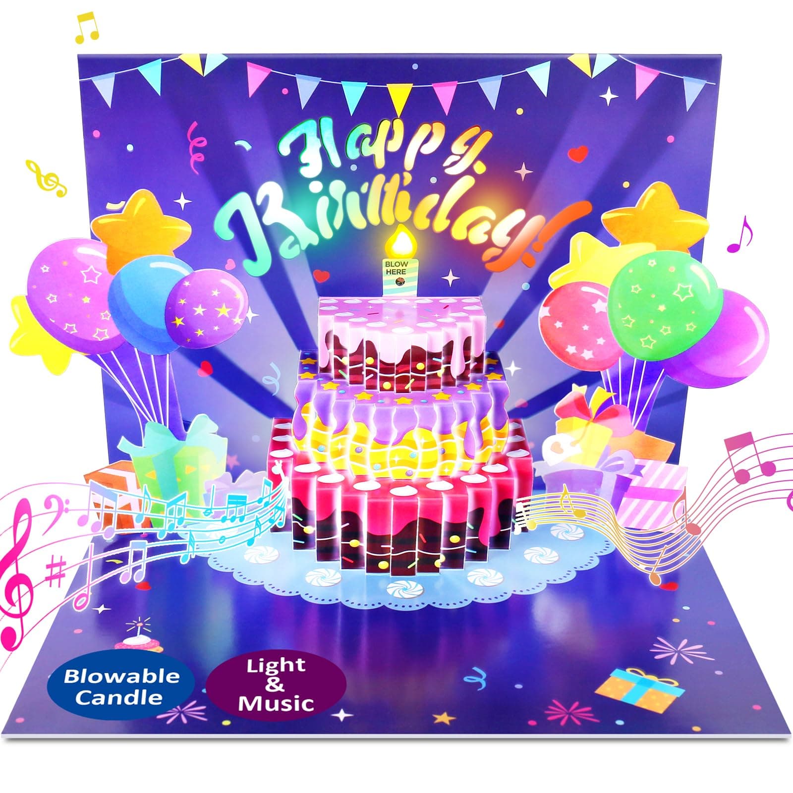 Birthday Cards, Musical Pop Up Birthday Cards with Light, Blow Out LED Light Candle and Play Happy Birthday Music Pop Up Card, Birthday Gifts for Women Men Husband Wife Kids Greeting Cards