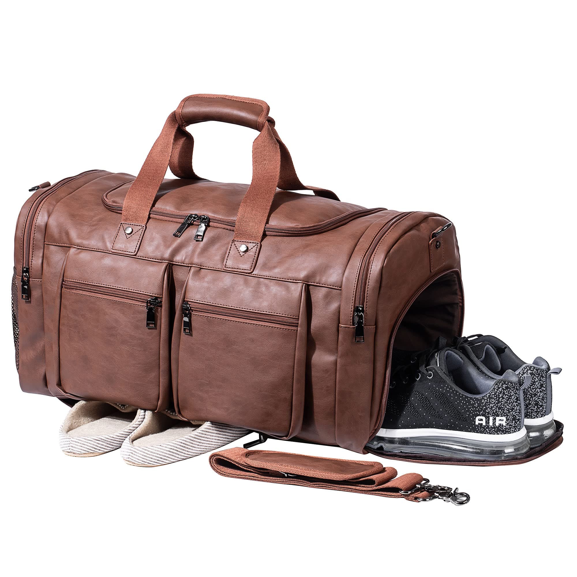 Leather Travel Bag with Shoe Pouch,Weekender Overnight Bag Waterproof Carry Bag