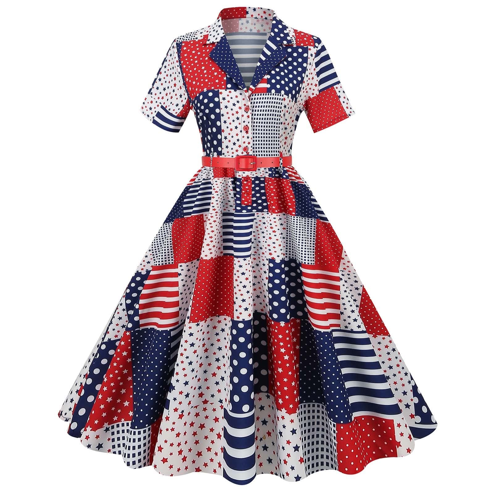CJHDYM 4th of July Women Cocktail Dress 1950s Retro Stars Striped Swing Dress Button Lapel Short Sleeves Suit Shirt Dress