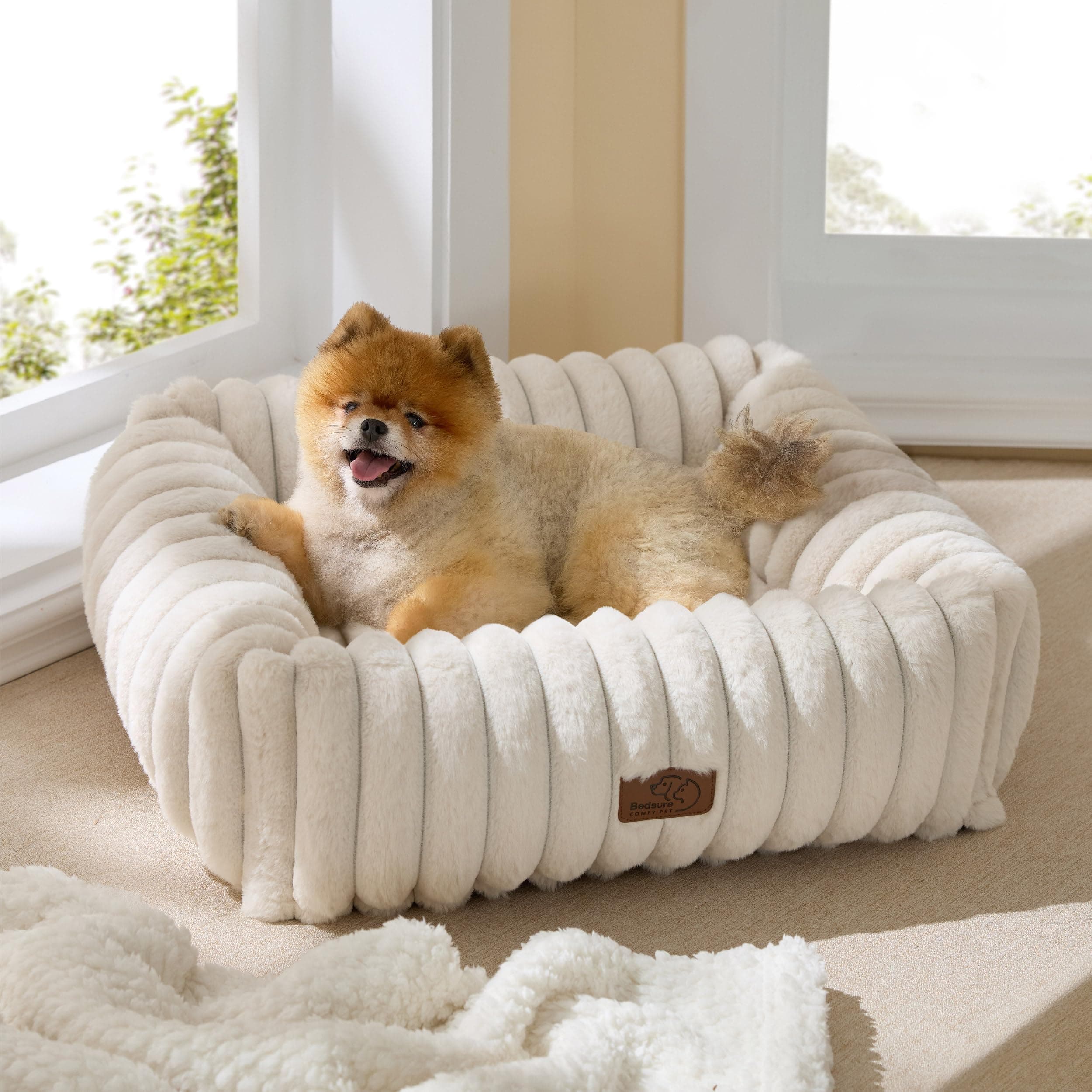 Bedsure Washable Dog Bed for Medium Dogs - Cute Furry Puppy Beds, Rectangle Orthopedic Corduroy Fleece Pet Beds with Removable Zipper Cover, 25x21x7inches, Cream