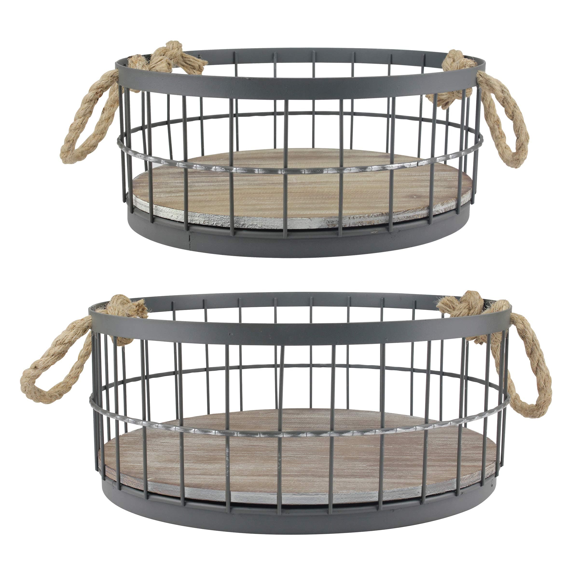 Stonebriar 2pc Round Stackable Metal Wire and Wood Basket Set with Rope Handles, Rustic Decor for Home Storage, Decorative Serving Baskets for Weddings, Birthdays, and Holiday Parties