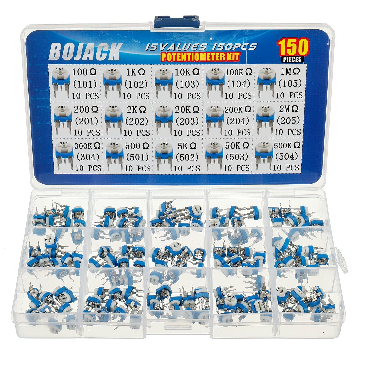 – BOJACK 15 Values 150 pcs 100 Ohm- 2M Ohm Variable Resistor 6mm Potentiometer Assortment Kit packag in a Clear Plastic Box