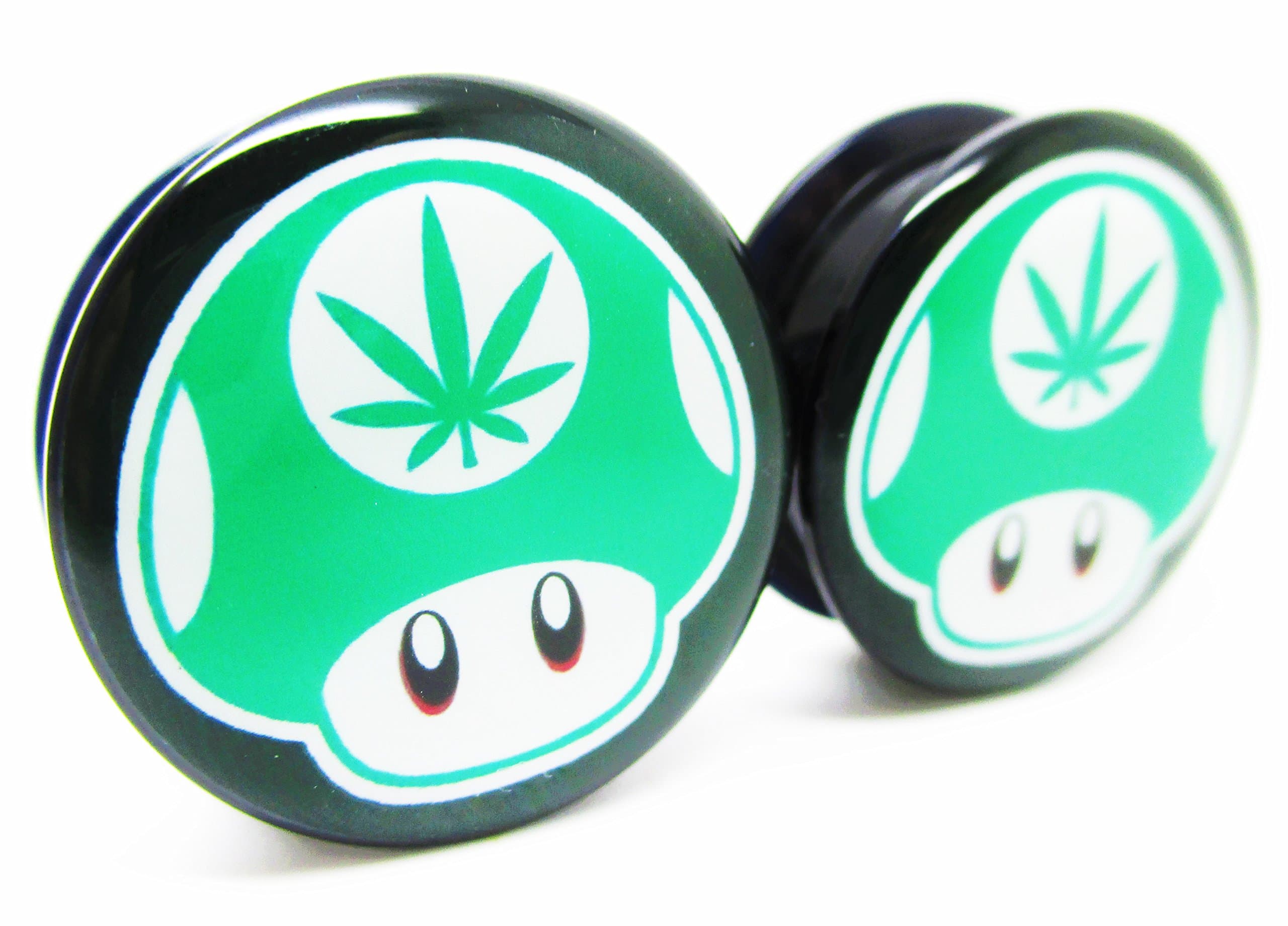 Green 1-Up Mushroom Pot Leaf Ear Plugs - Acrylic Screw-On - 10 Sizes Pair*