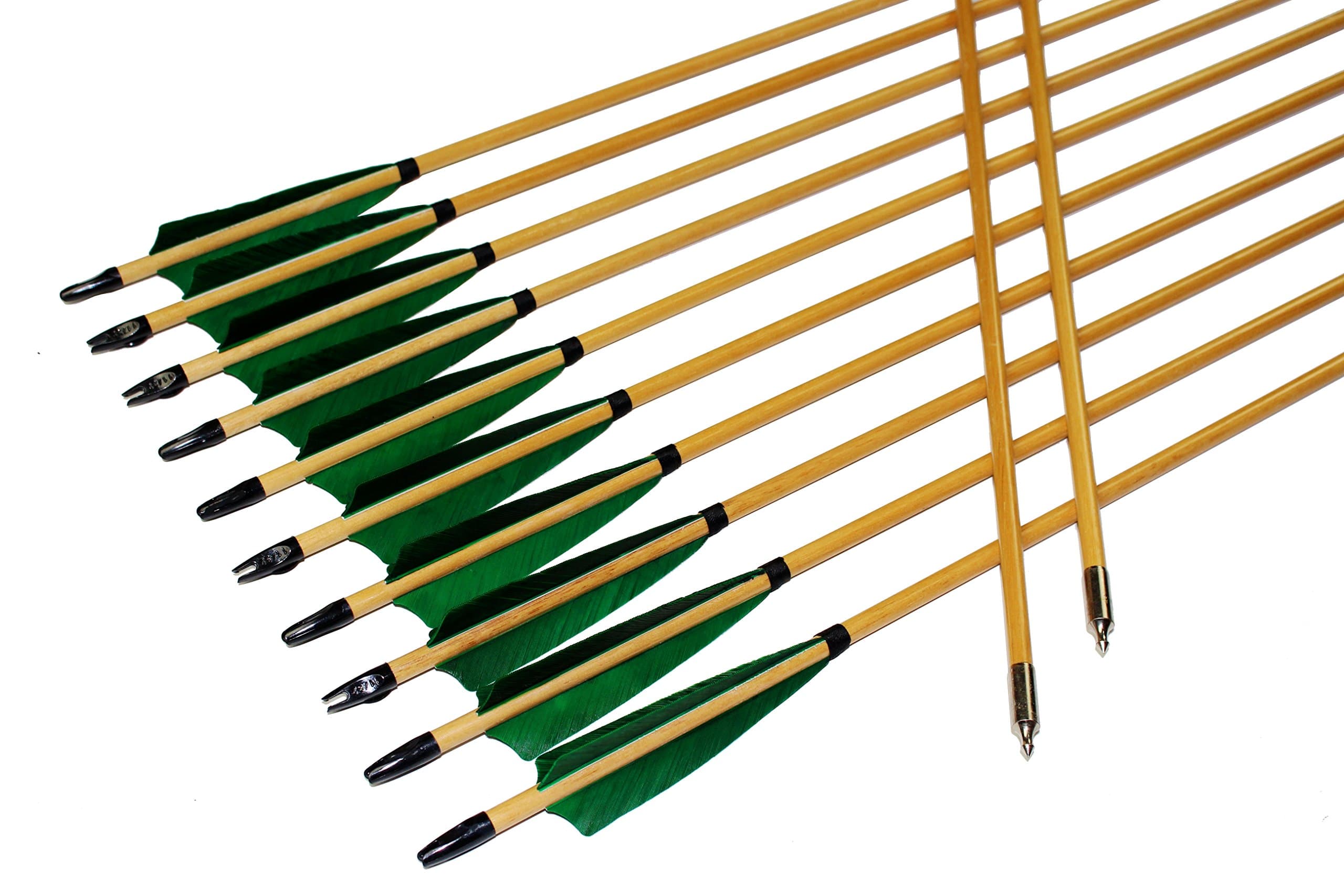 TTFLY FLETCHING 12PK 32 inch Traditional Wooden Arrows Handmade Shaft Green Shield Turkey Feather Practice Archery for Recurve Longbow Hunting Arrows