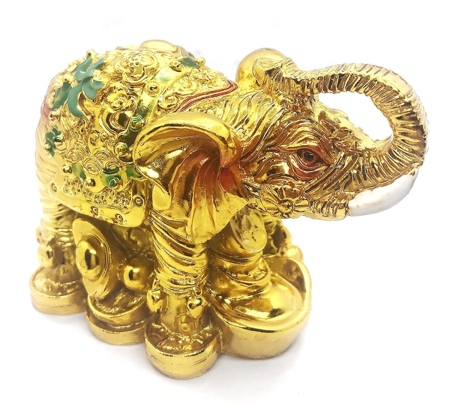 PPJ ®-FENGSHUI VASTU Golden Elephant with Trunk UP ON Ingot and Coins for Wealth Good Luck Fortune ,Wealth, Health and Prosperity Love and Wealth (Pack of 1) 4 inch X 3 inch x 2 inch,