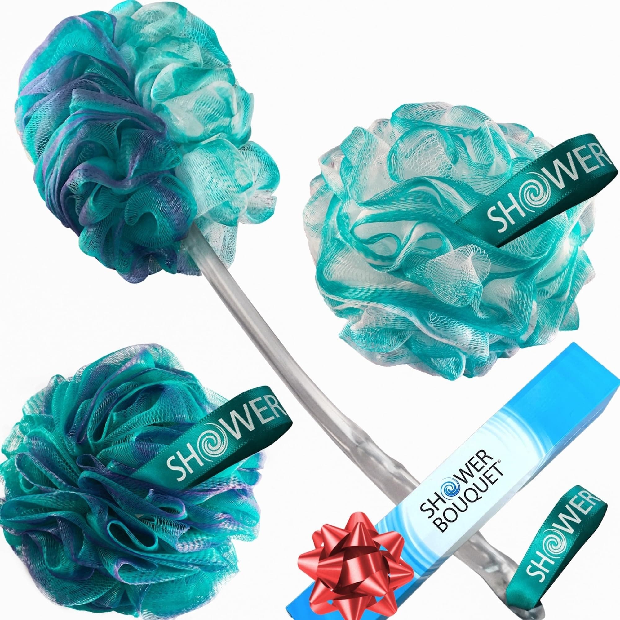 2-Sided-Loofah-Back-Scrubber & Bath-Sponge Set // 1-Long-Handle-Back-Brush Plus 2-Extra-Large 75g Soft Mesh Poufs, Men & Women - Exfoliate with Full Pure Cleanse in Bathing Accessories