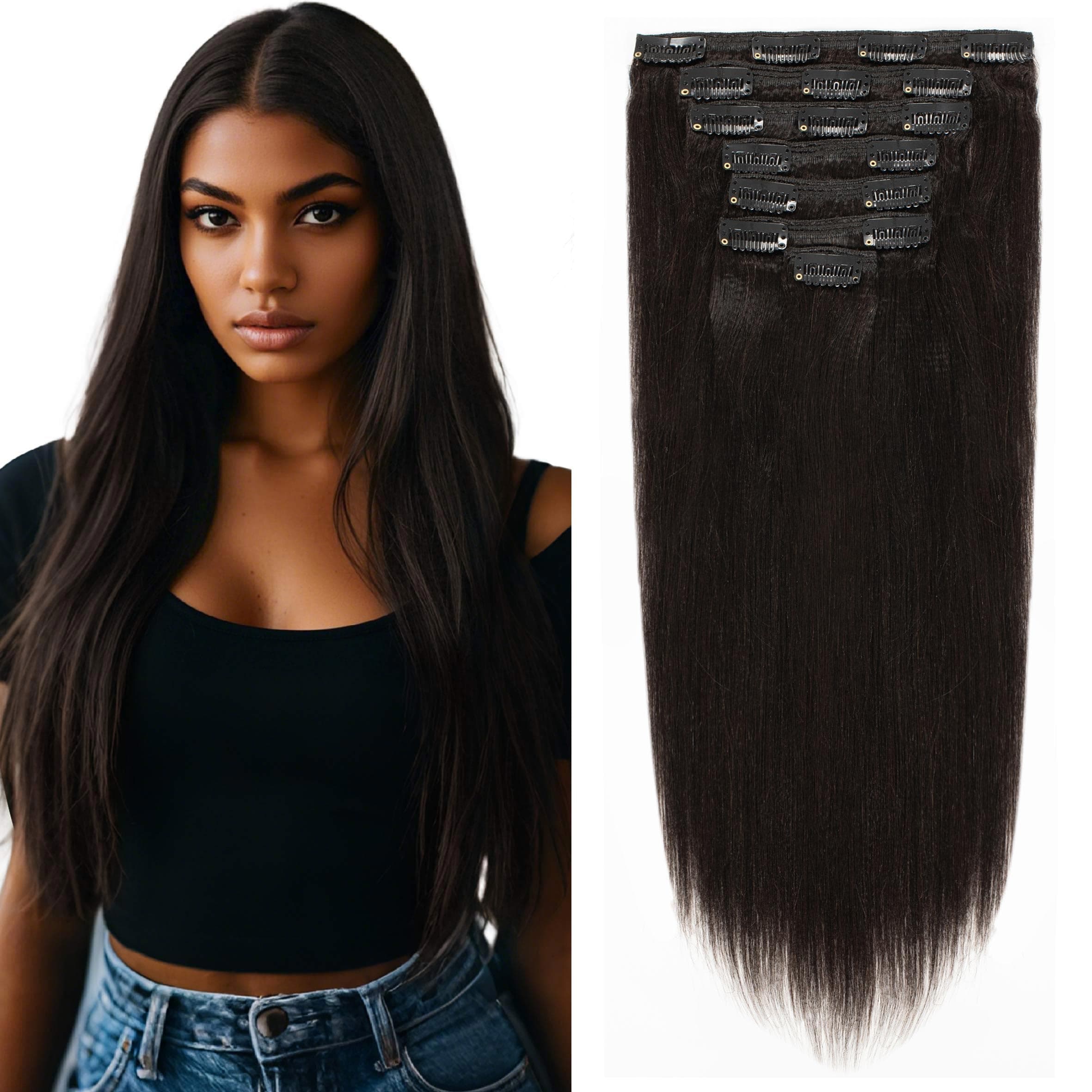 Lacerhair Real Remy Human Light Yaki Hair Clip in Hair Extensions Kinky Straight Natural Black Color For American African Double Weft Full Head Relaxd Hair 120G 7Pieces 10-22 inch (12 inch, Yaki #1B)