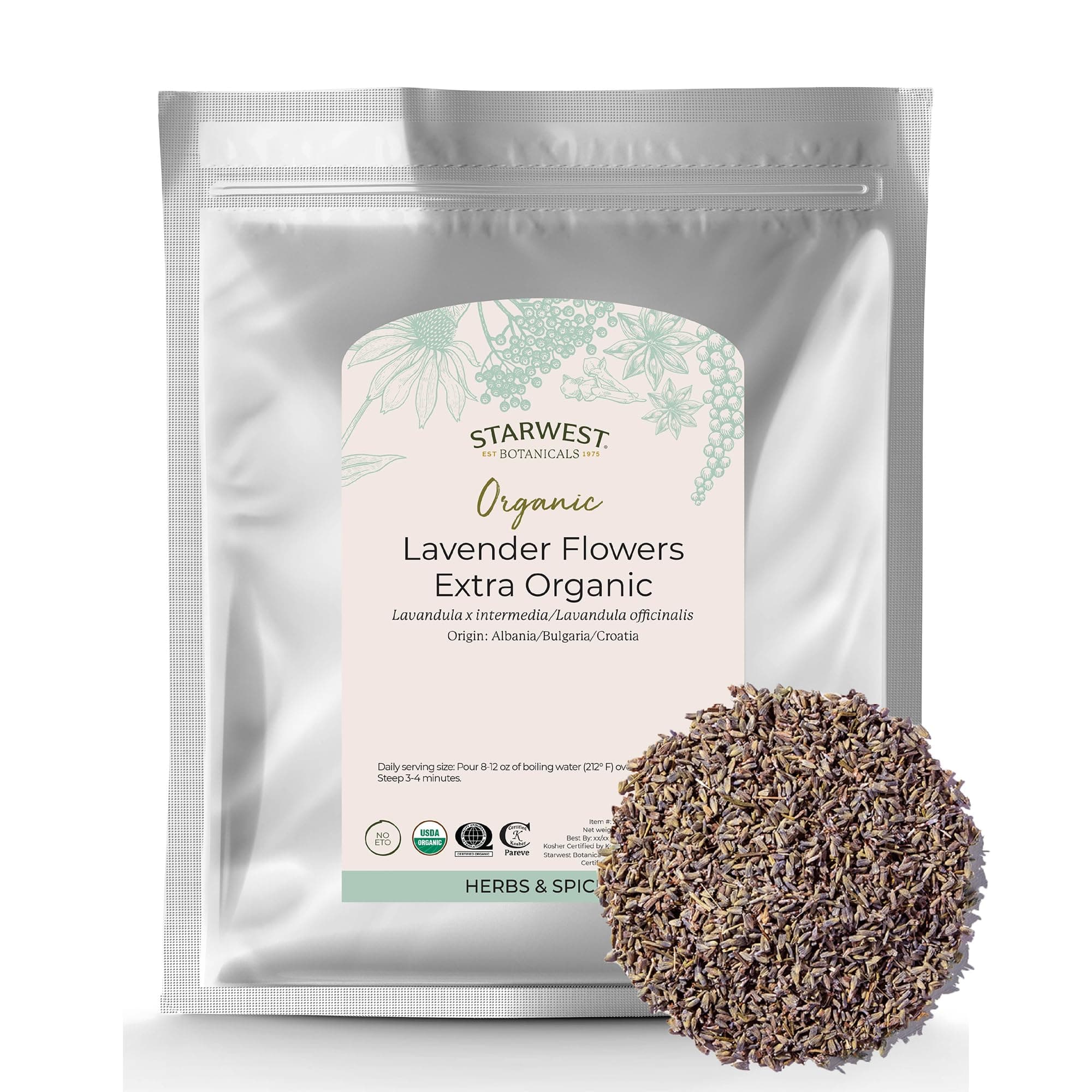 Starwest Botanicals Dried Lavender Flowers Extra Organic - Edible Loose Lavender Buds for Tea, Drinks, Baking, & Cooking, Certified Kosher Herb, Non-GMO - Bulk 1 lb Bag