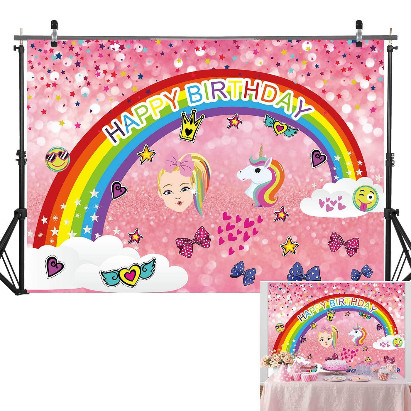 Haboke 7x5ft Durable/Soft Fabric JoJo Siwa Party Supplies Cartoon Dream Crazy Big Theme Backdrop for Sweet 16 Happy 18 Bokeh Photography Background Birthday Decorations